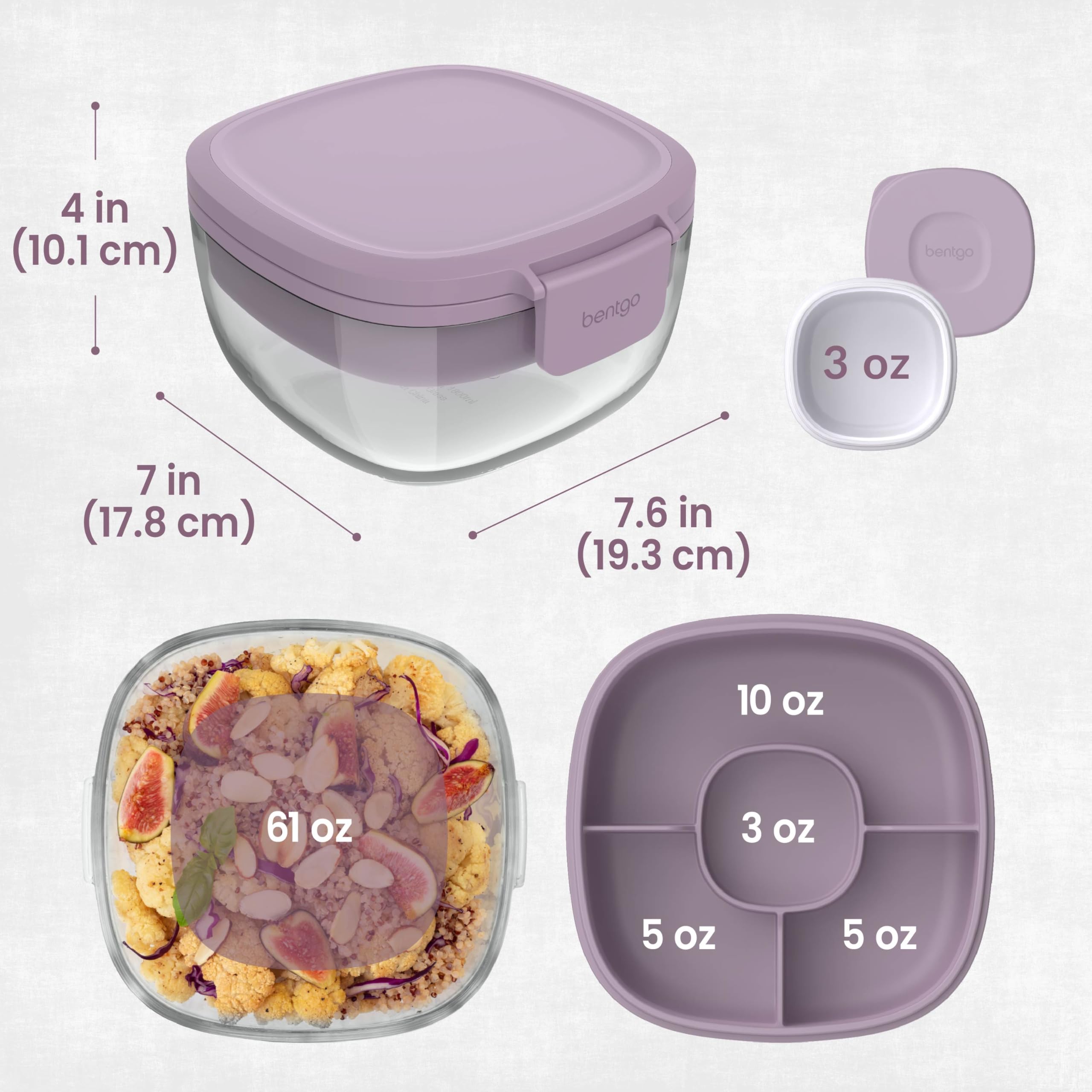 Bentgo Glass Salad Container - 7.6-Cup Salad Bowl with Airtight Lid, Leak-Proof Sauce Container, 4-Compartment Bento Tray & Reusable Fork - BPA-Free for Meal Prep, Office & More (Lavender)