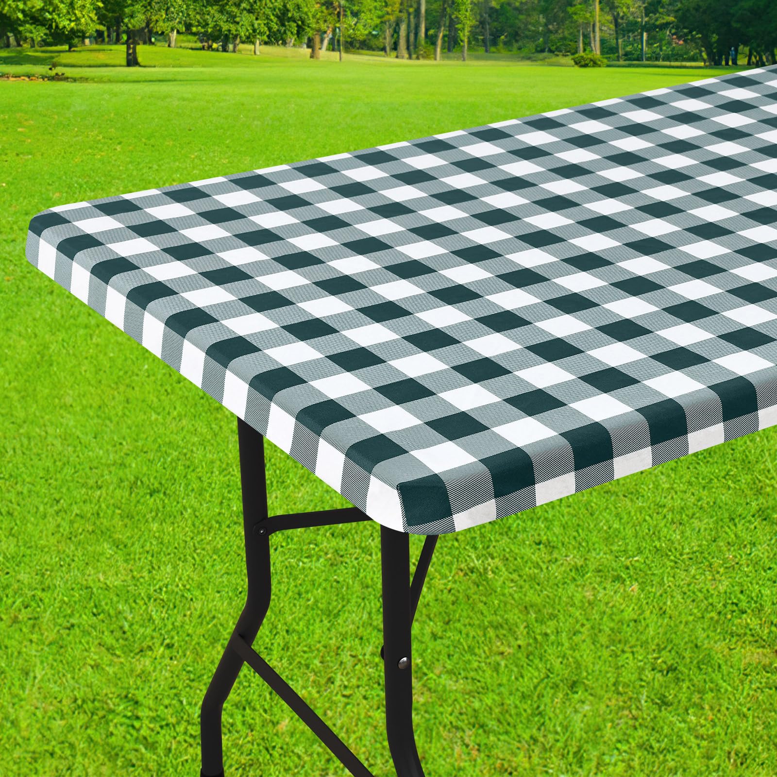 Smiry Rectangle Picnic Table Cloth, Elastic Waterproof Fitted Vinyl Tablecloths, Flannel Backed Buffalo Plaid Table Covers for Dining, Camping, Outdoor (Black and White, 30" x 72")