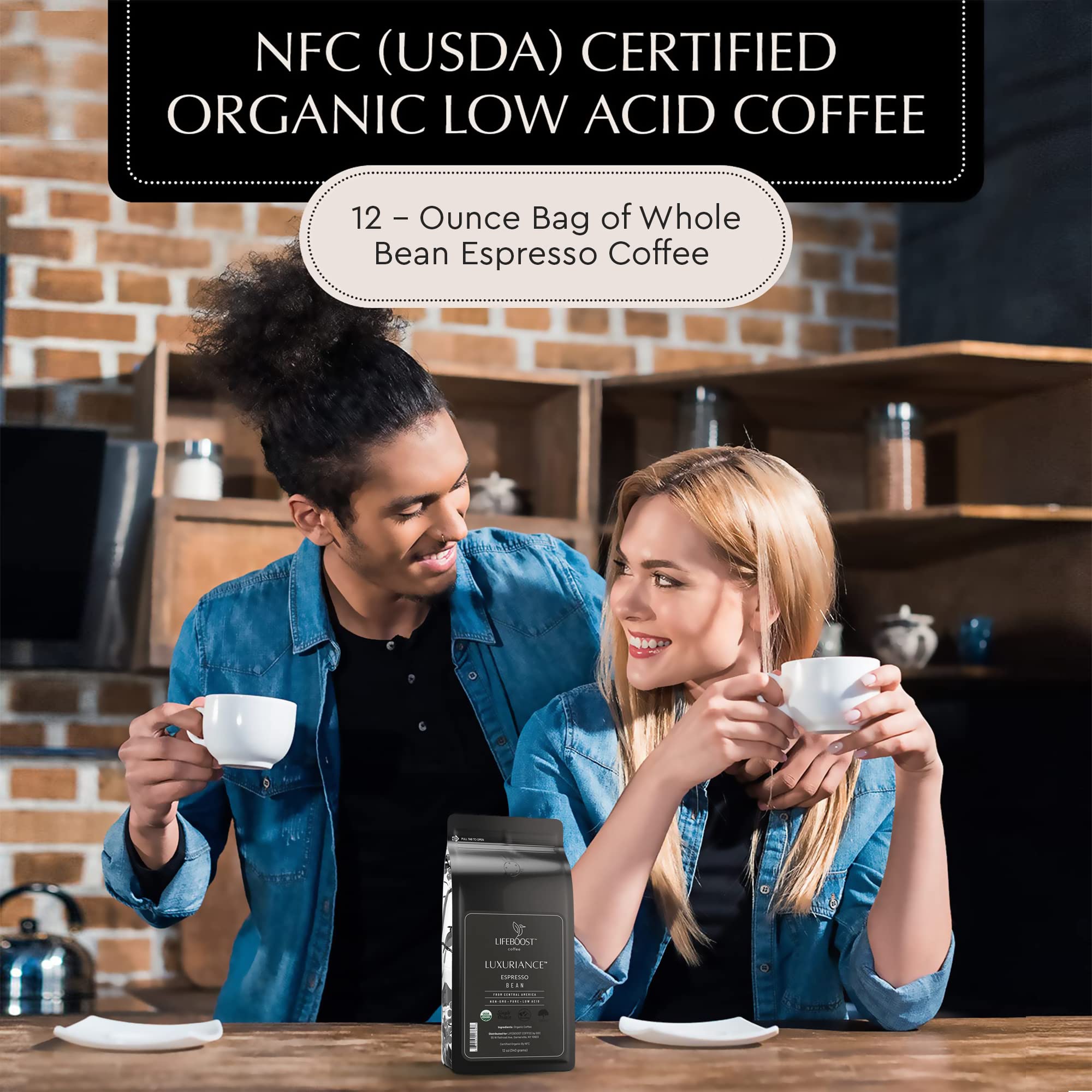 Lifeboost Organic Espresso Whole Bean Coffee - Low Acid Espresso Coffee, Non-GMO, USDA Organic, Single Origin, Third-Party Tested for Mycotoxins & Pesticides - 12 oz Bag