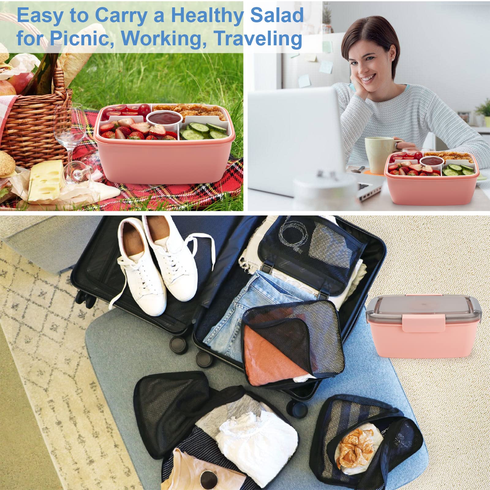 Freshmage Salad Lunch Container To Go, 52-oz Salad Bowls with 3 Compartments, Salad Dressings Container for Salad Toppings, Snacks, Men, Women (Blue)