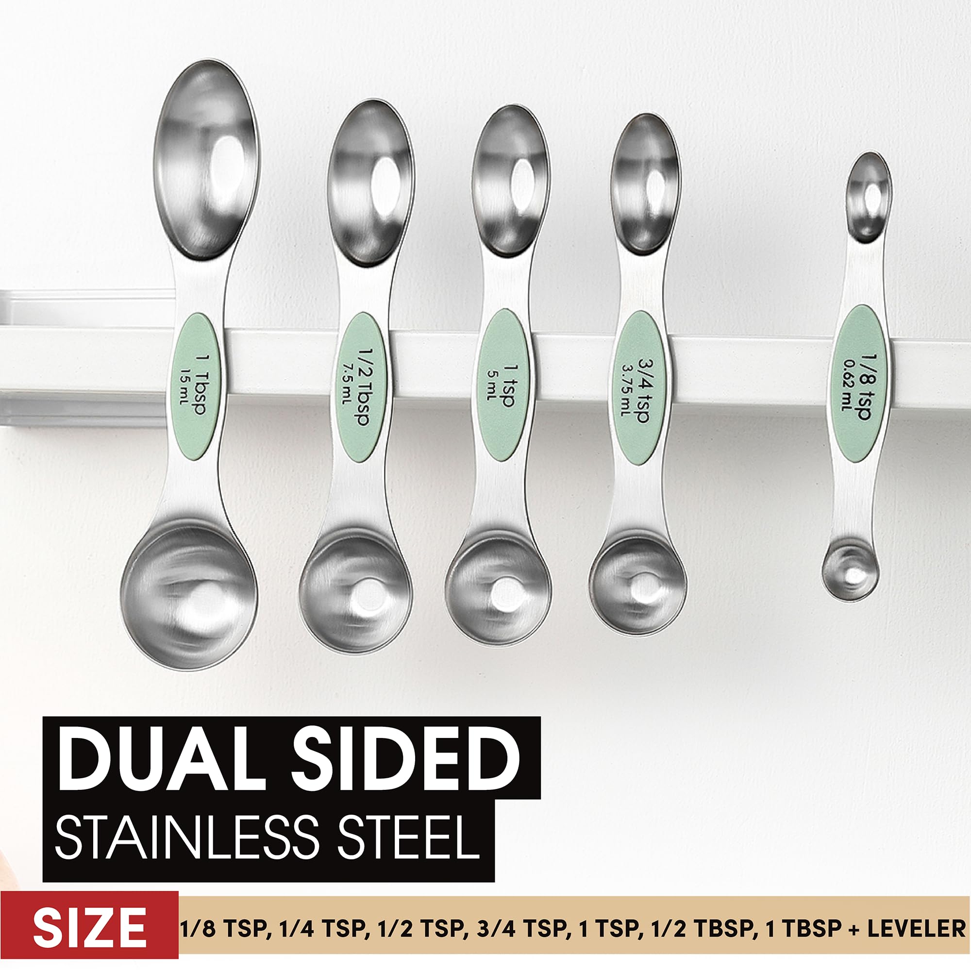 Spring Chef Stainless Steel Magnetic Measuring Spoons Set with Strong N45 Magnets, Heavy Duty Metal Kitchen Gadgets for Baking & Cooking, Fits in Most Kitchen Spice Jars, Set of 8 with Leveler, Black