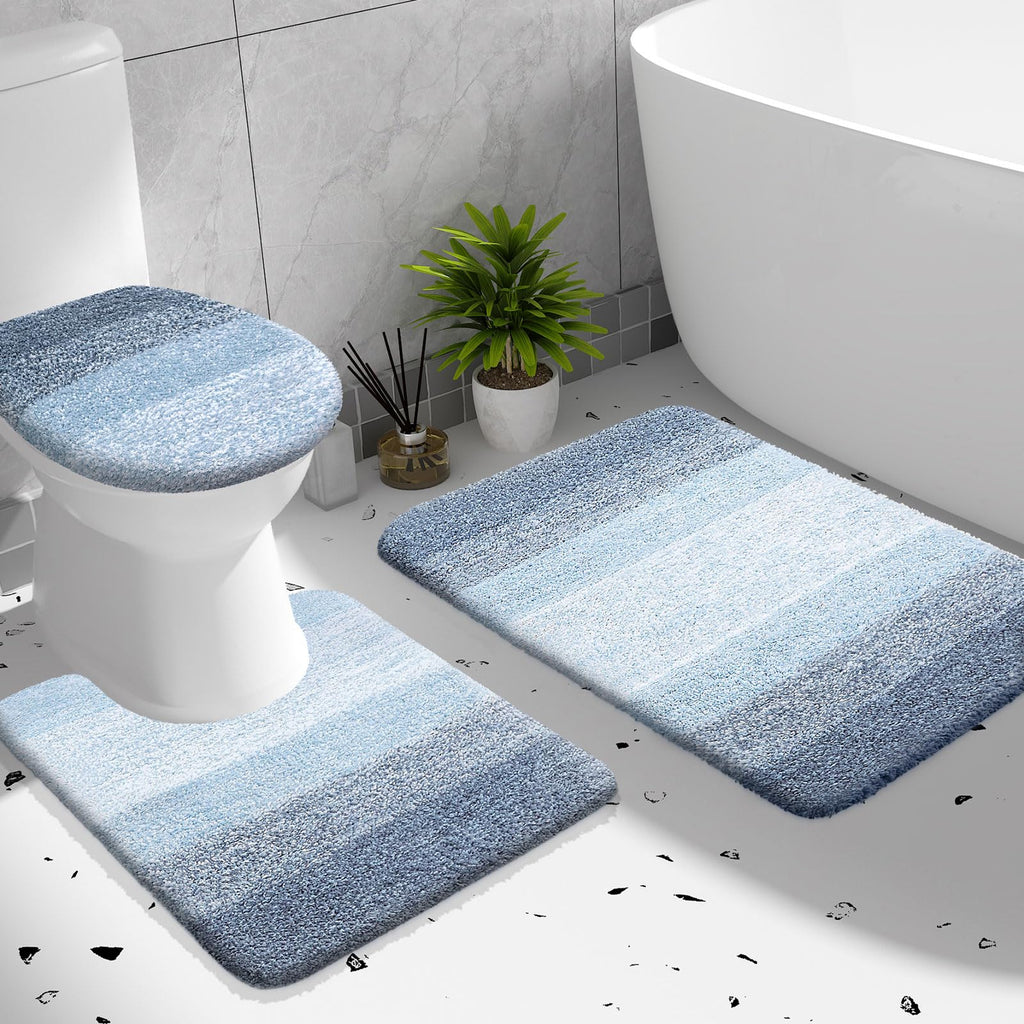 OLANLY Bathroom Rugs Sets 3 Piece, Soft Microfiber Absorbent Bath Mat, U-Shaped Contour Toilet Mat and Toilet Lid Cover, Quick Dry, Machine Washable, Toilet Cover and Rug Set for Bathroom, Grey