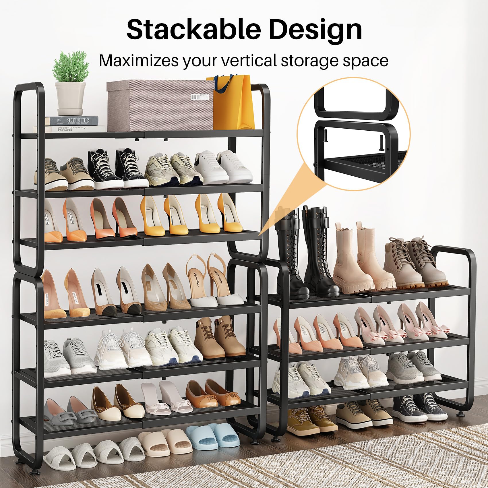 SNTD Shoe Rack - Expandable Shoe Organizer for Closet, Adjustable Metal Shoe Shelf Storage, Stackable Long Shoe Stand Holder for Garage, Entryway, Door Entrance (Black, 2-Tier)