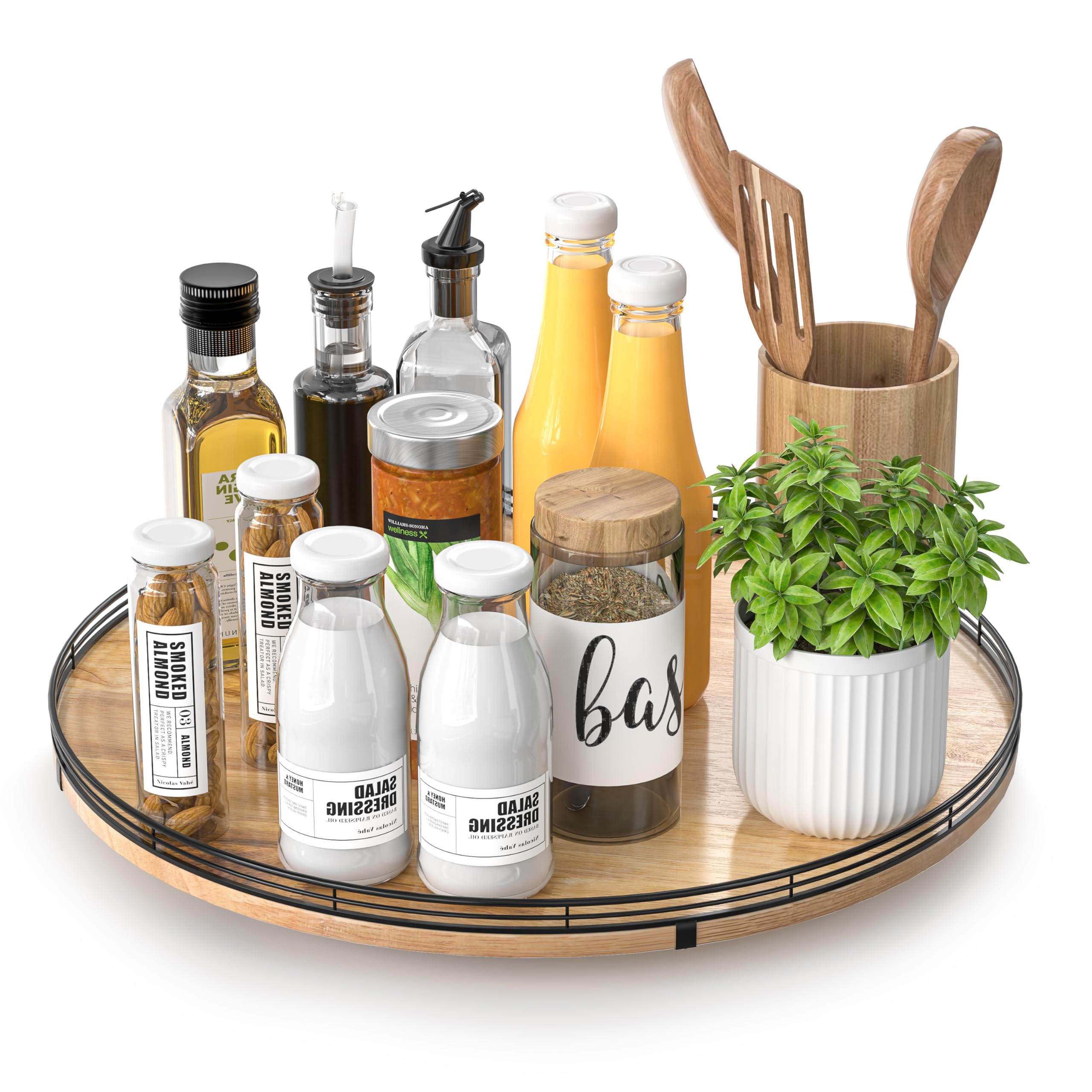 Farmhouse Oak 9" Lazy Susan Turntable Organizer for Cabinet, Round Wooden Lazy Susan Organization and Storage for Dining Table, Pantry, Kitchen, Countertop, Cupboard,Home Decor, Walnut Wood