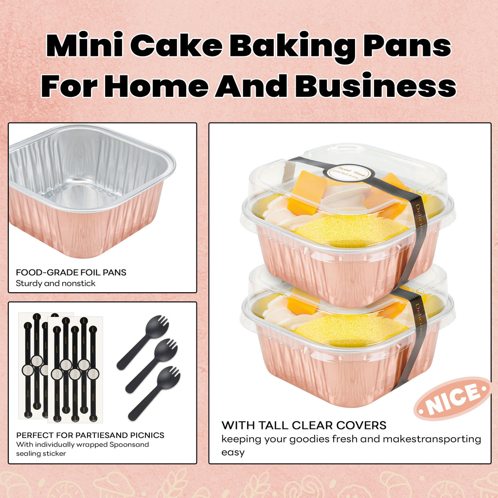 50 Pcs Mini Cake Pans with Lids and Spoons Aluminum Foil Mini Square Baking Cups with Lids Disposable Ramekins Cake Pans Dessert Cups for Wedding Birthday Party(Pink,5oz)