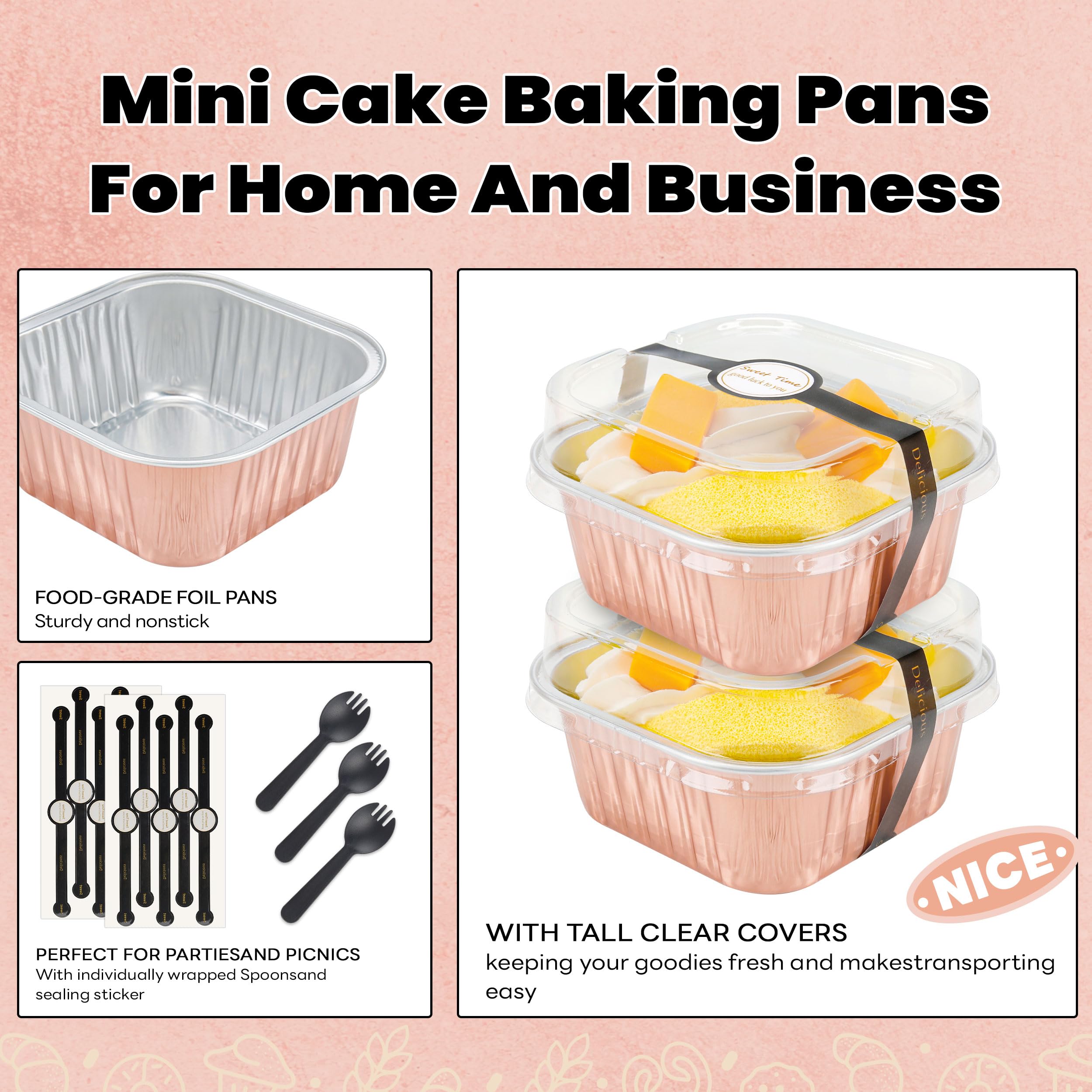50 Pcs Mini Cake Pans with Lids and Spoons Aluminum Foil Mini Square Baking Cups with Lids Disposable Ramekins Cake Pans Dessert Cups for Wedding Birthday Party(Pink,5oz)