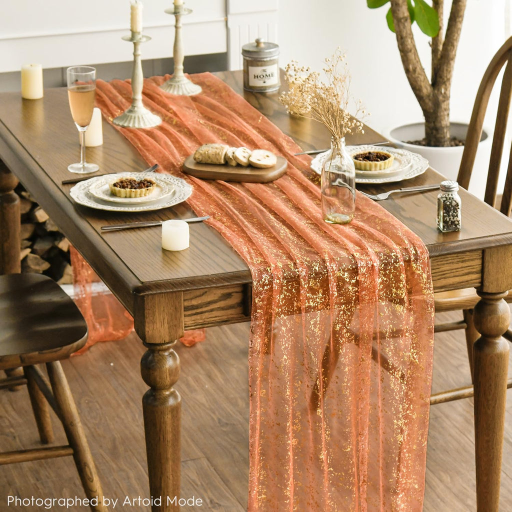 Artoid Mode Beige Gold Gauze Table Runner 120 Inch 10FT, Glitter Metallic Foil Sheer Dining Wedding Anniversary Holiday Birthday Table Decor for Home Party