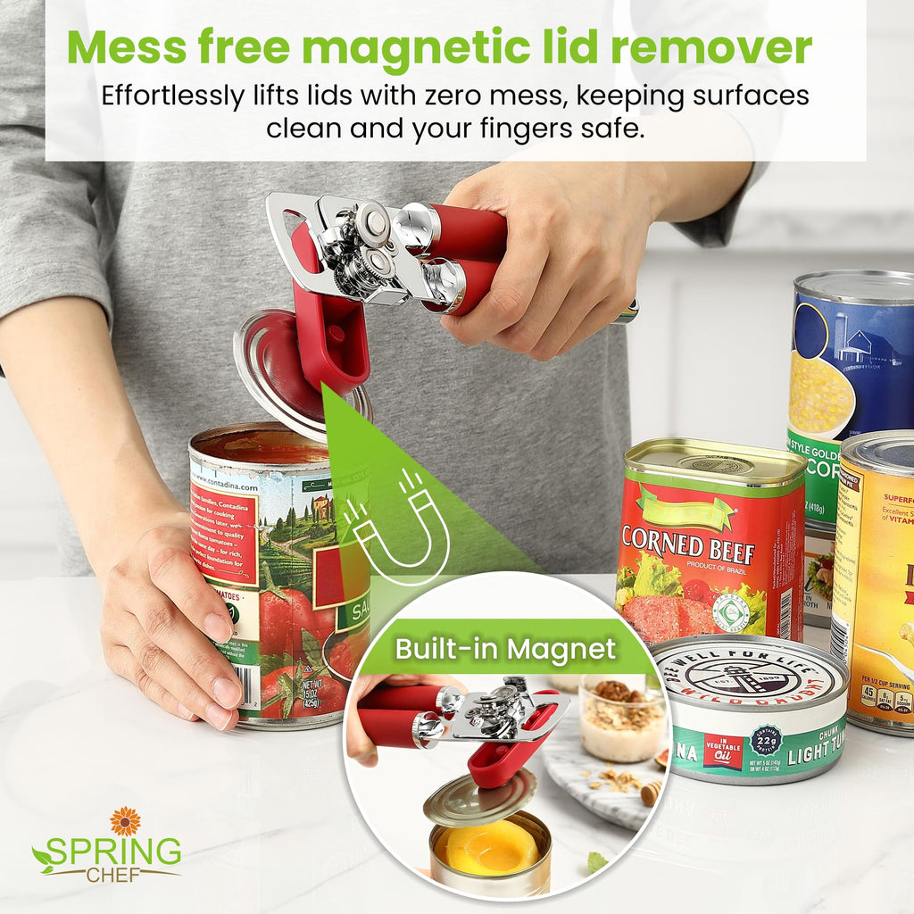 Spring Chef Stainless Steel Can Opener - Manual with Soft Grip Handles, Easy Turn, Heavy Duty Hand Can Openers for Seniors with Smooth Edge - Magnetic Lid Remover - Black