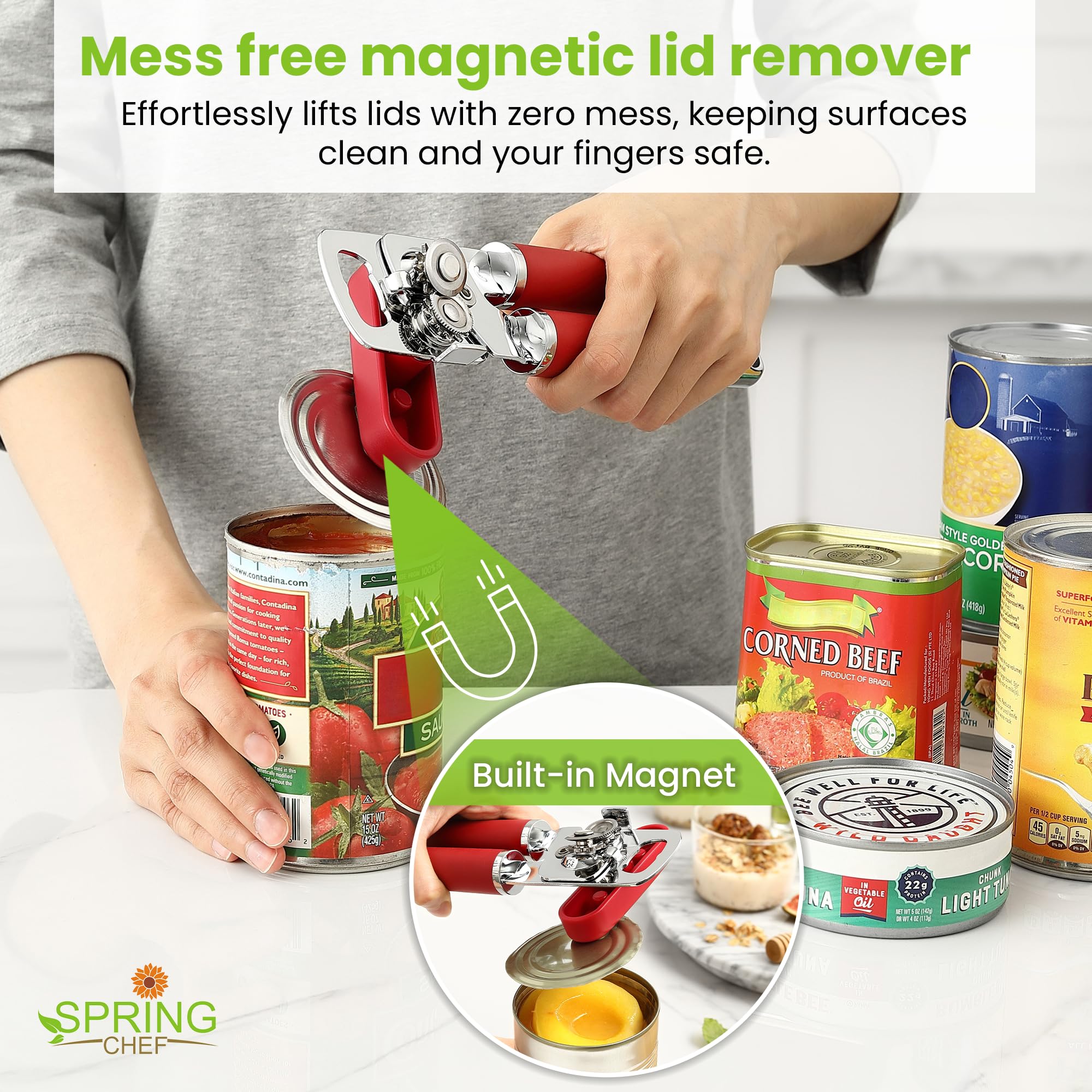 Spring Chef Stainless Steel Can Opener - Manual with Soft Grip Handles, Easy Turn, Heavy Duty Hand Can Openers for Seniors with Smooth Edge - Magnetic Lid Remover - Black