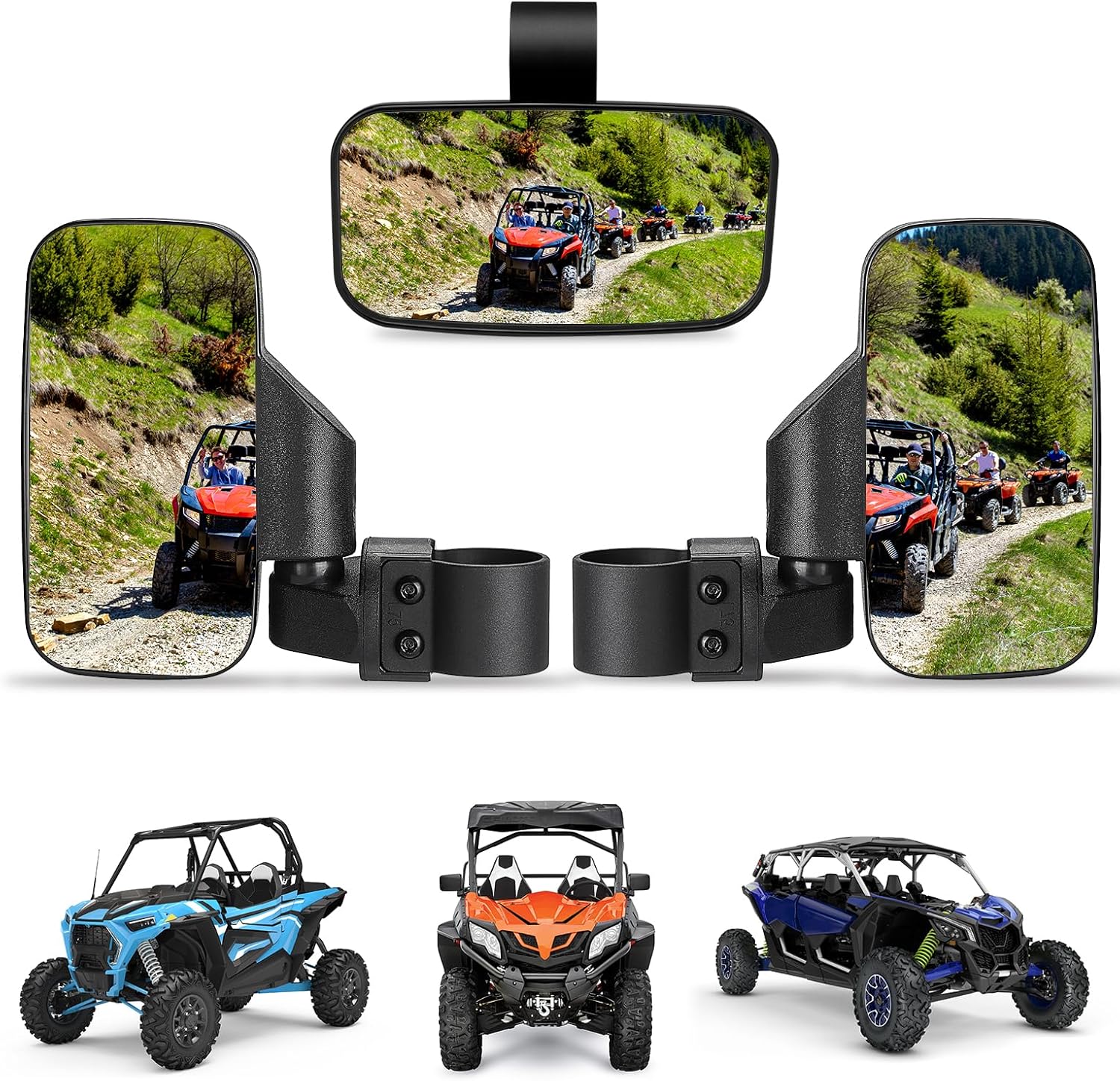 KEMIMOTO UTV Side Mirrors And Center Mirror with 1.6" to 2" Roll Bar Cage, Adjustable Rear View Side Mirrors Compatible with Polaris RZR, Zforce, Commander Maverick X3, Viking, Rhino, Teryx