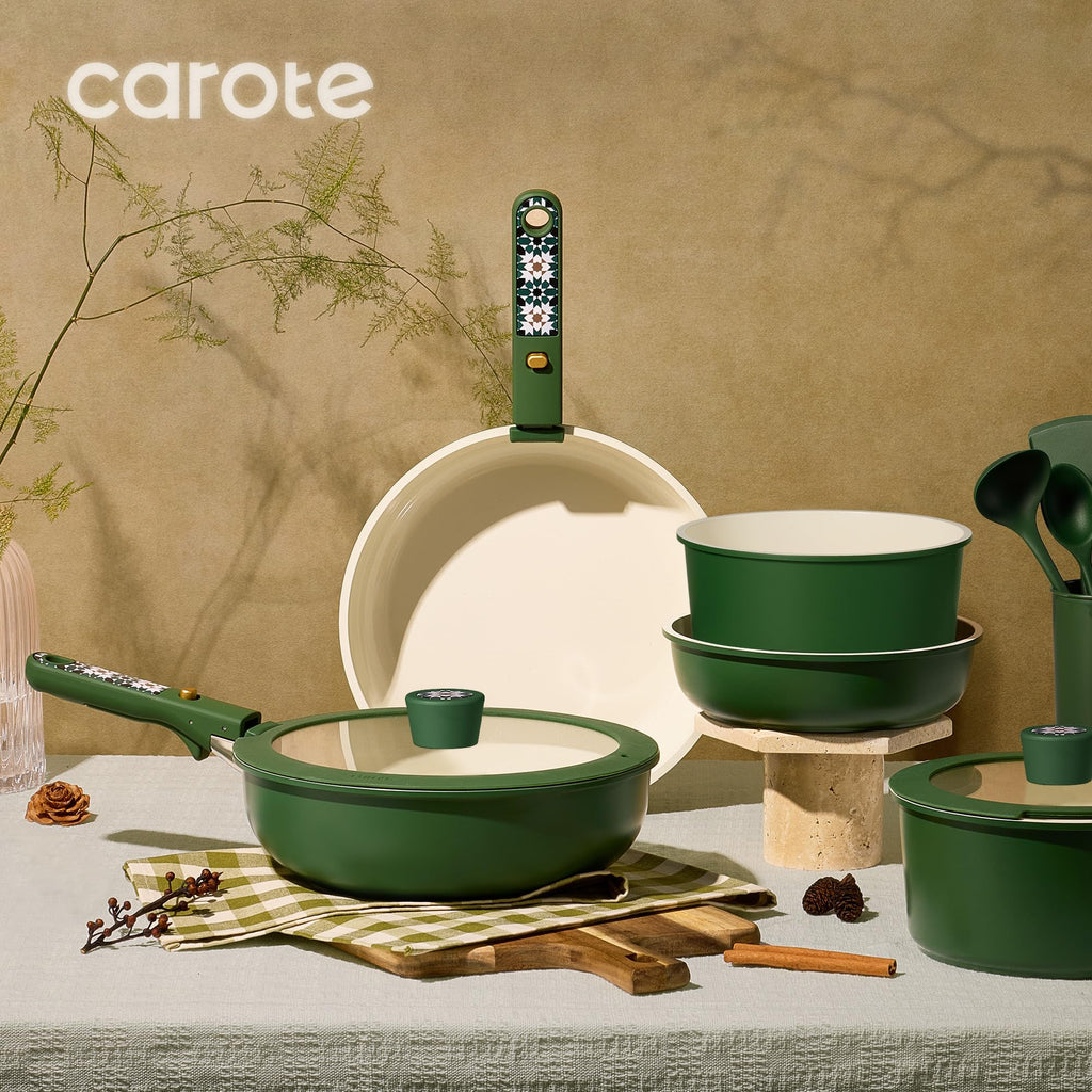 CAROTE 19Pcs Ceramic Cookware Set, Pots and Pans Set Non stick, Non Toxic Cookware Detachable Handle, Kitchen Cooking Set - Induction Cookware, Dishwasher/Oven Safe, PFAS Free, Green