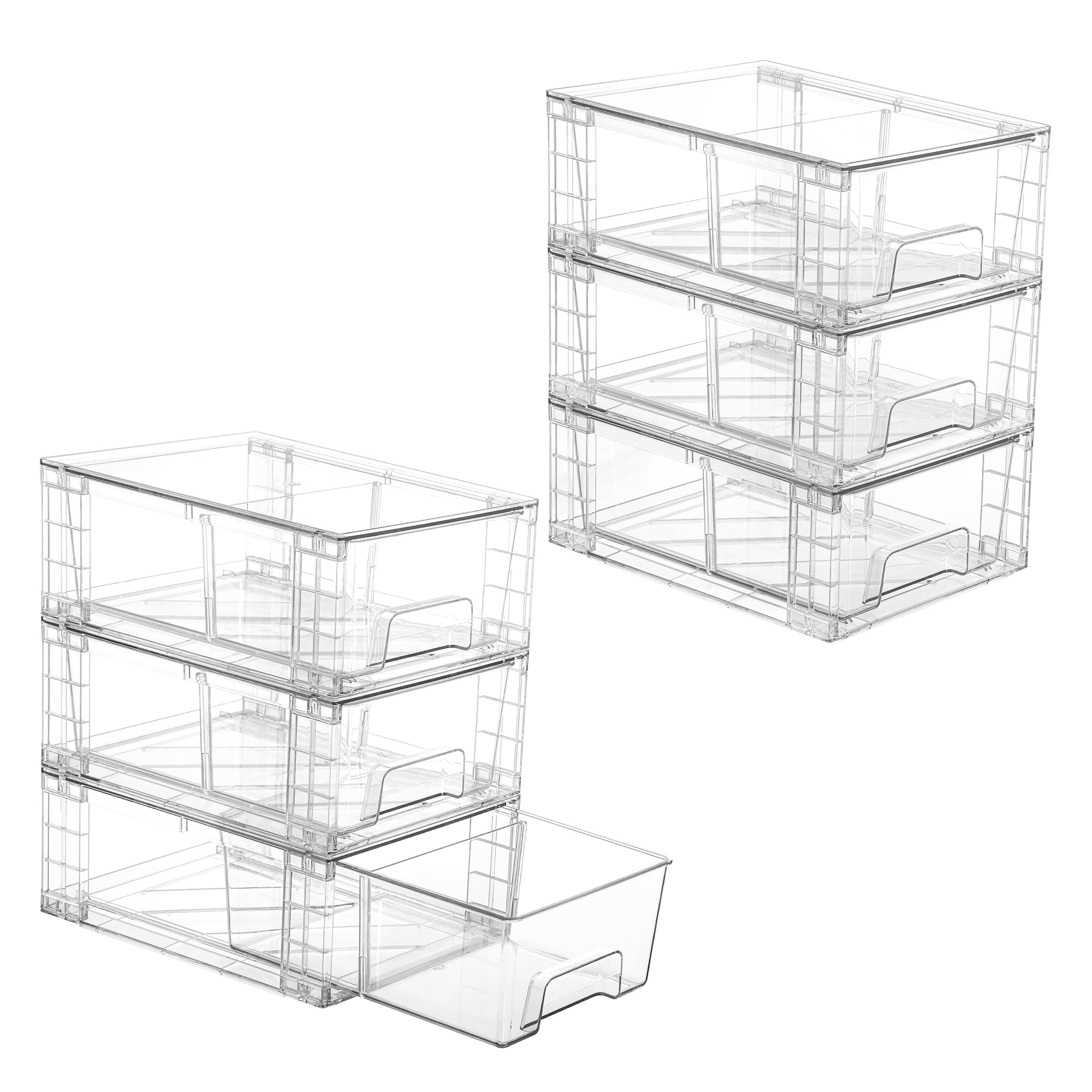 Vtopmart 4 Pack Stackable Storage Drawers,Clear Acrylic Drawer Organizers with Handles, Easily Assemble for Fridge, Bathroom,Kitchen Undersink,Cabinet,Pantry Organization and Storage