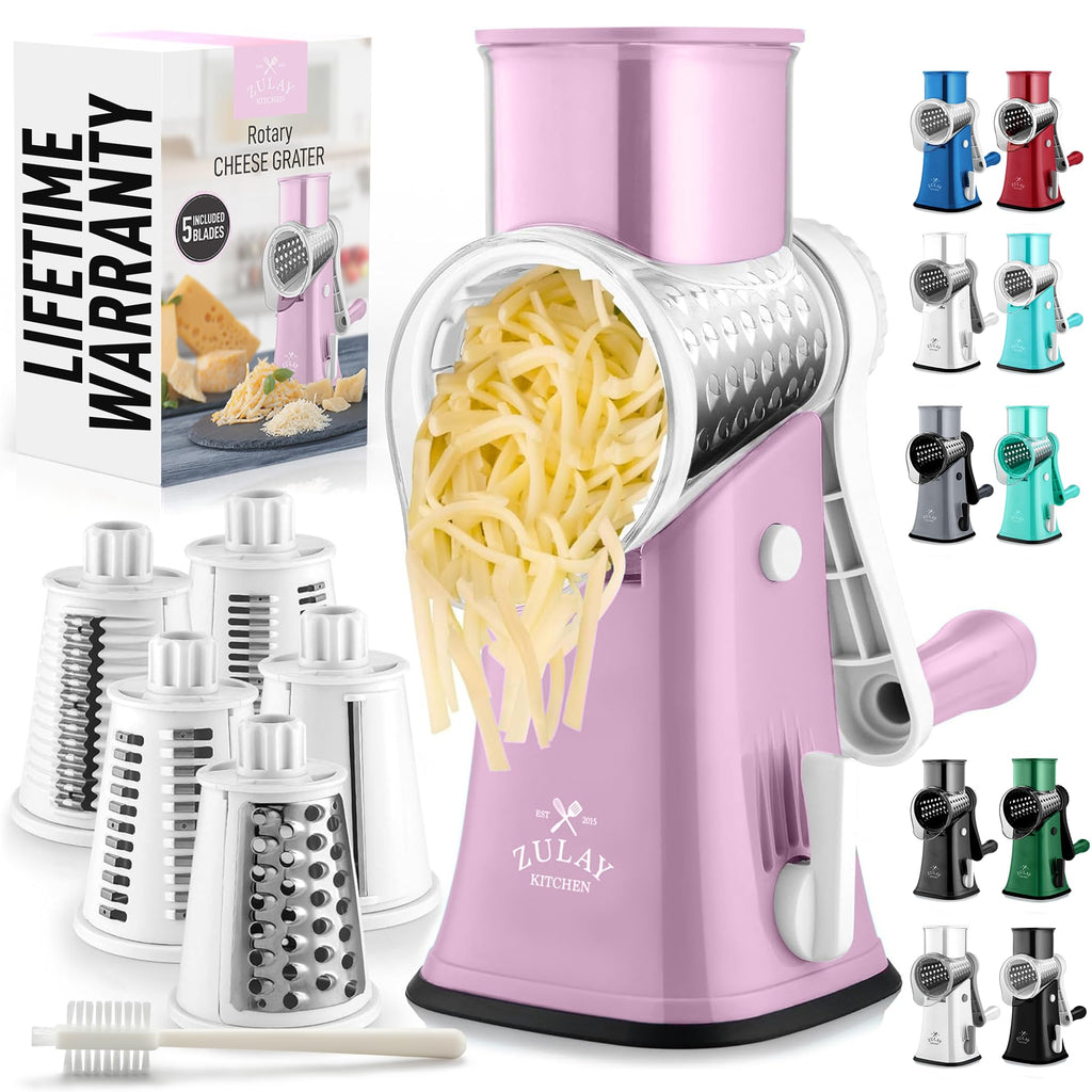 Zulay Kitchen Rotary Cheese Grater 5 Blade Cheese Shredder - Manual Hand Crank Cheese Grater With Reinforced Suction & 5 Interchangeable Drums - Easy to Use, Vegetable Chopper Round Mandoline Slicer