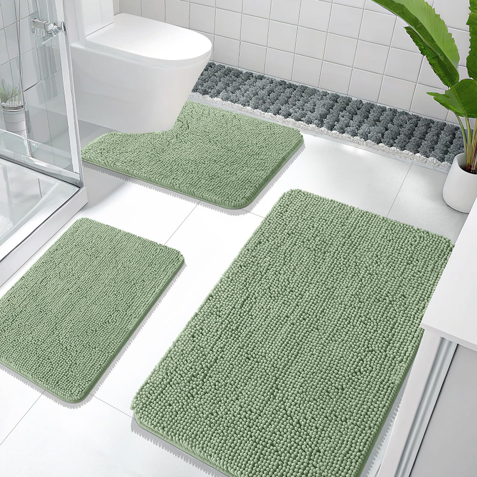 OLANLY Bathroom Rugs Sets 3 Piece, Soft Absorbent Chenille Bath Mats and U-Shaped Contour Toilet Rug, Quick Dry, Home Decor Accessories, Bath Mat Set for Bathroom (30"x20"+24"x16"+24"x20", Grey)