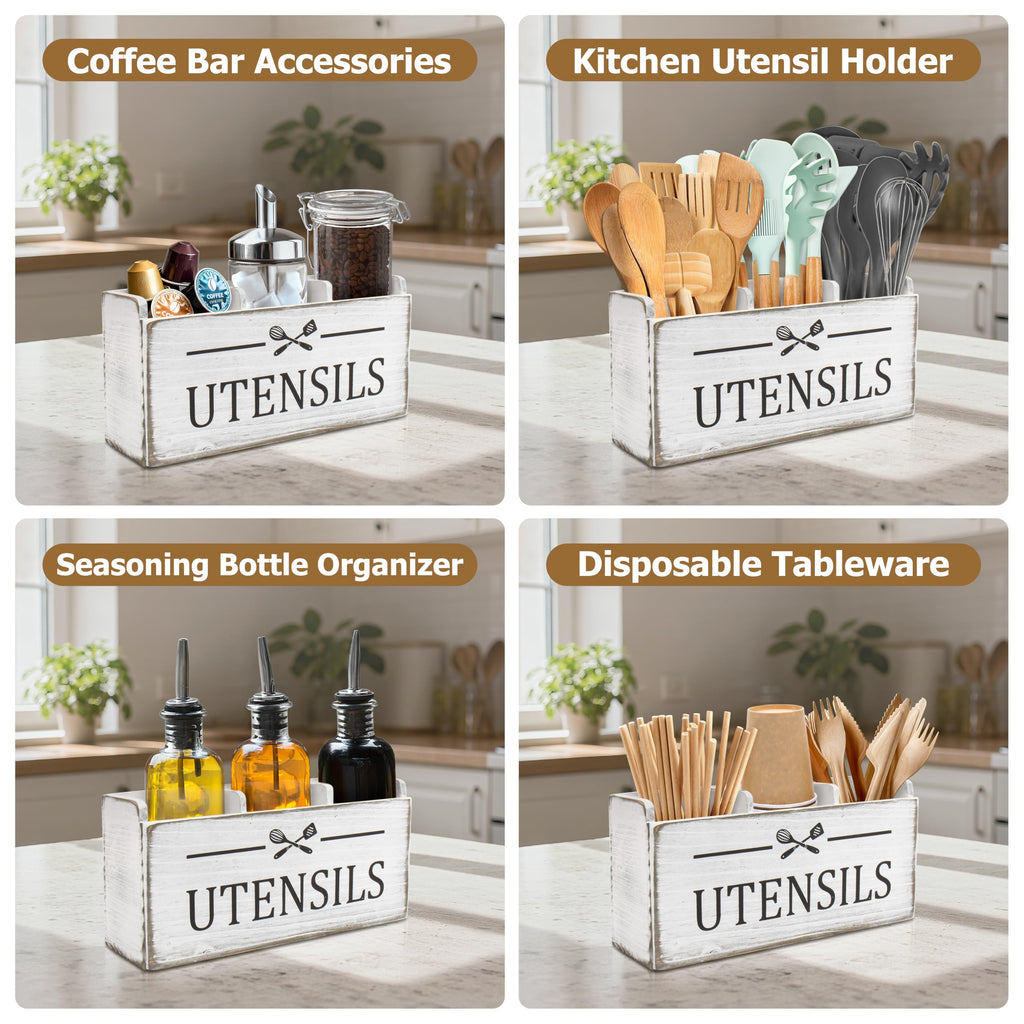RedCall Wooden Kitchen Utensil Holder for Counter-top,Large Utensil Organizer for Storage Cooking Tool and Silverware,Extra Large Rustic Wood Container (Black)