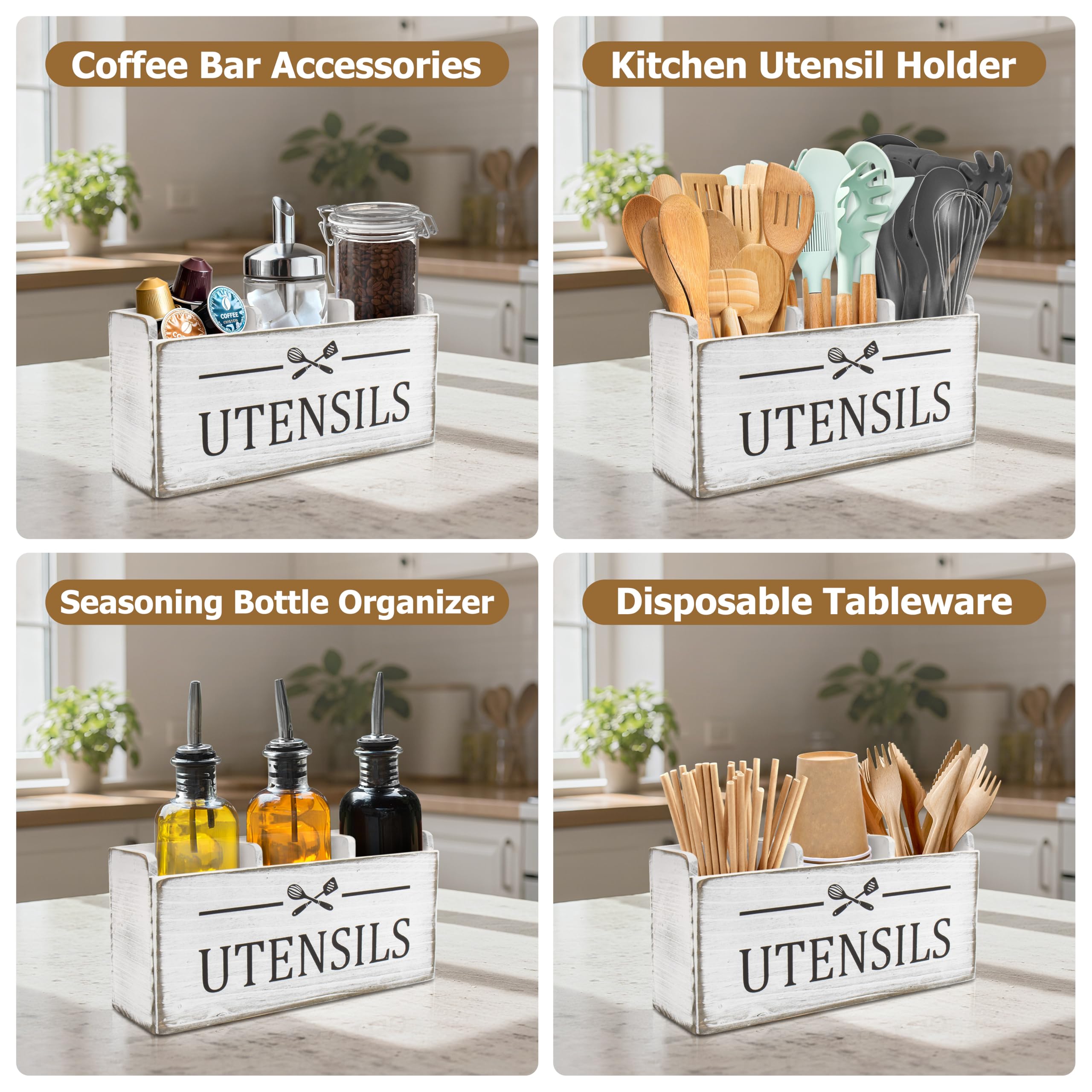 RedCall Wooden Kitchen Utensil Holder for Counter-top,Large Utensil Organizer for Storage Cooking Tool and Silverware,Extra Large Rustic Wood Container (Black)