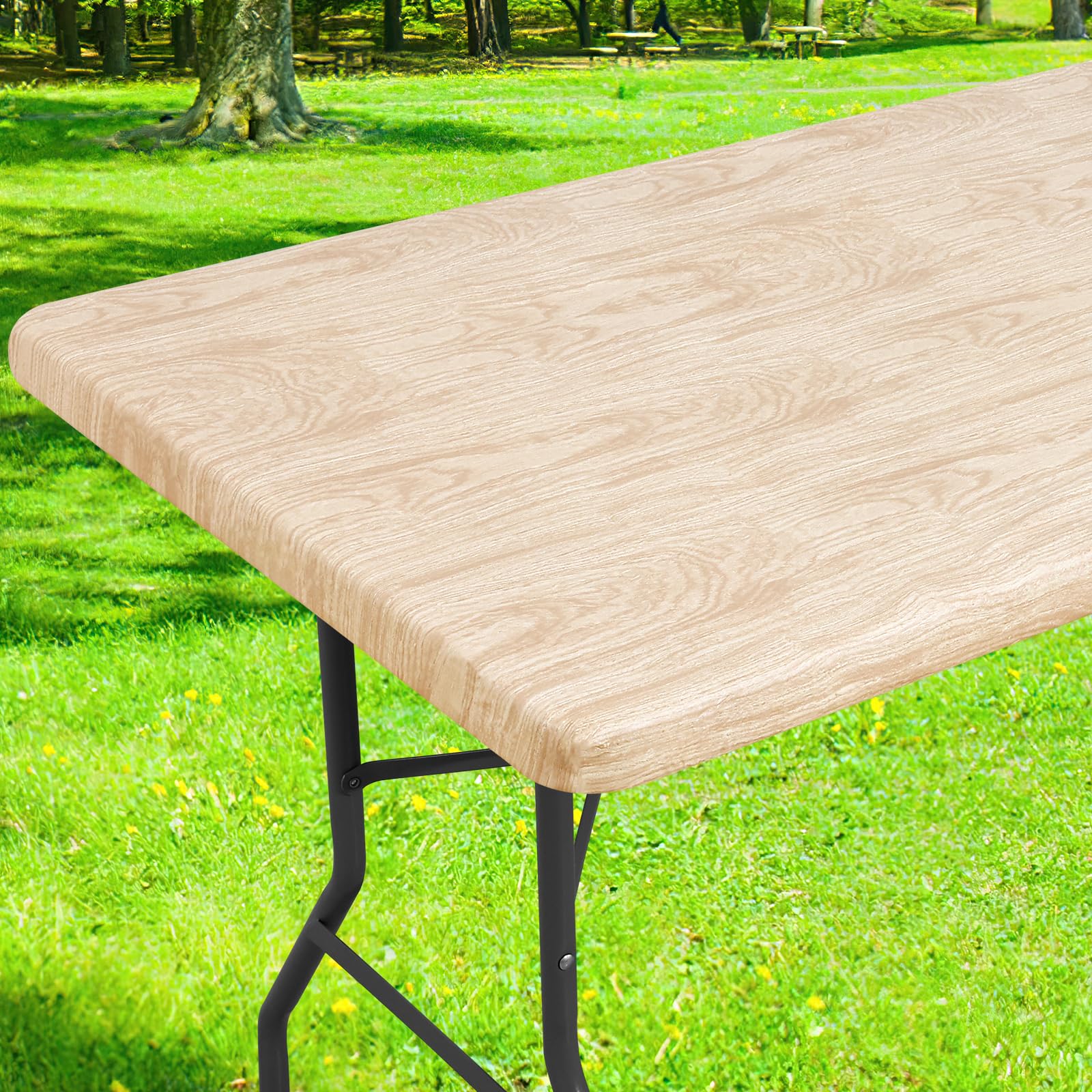 Smiry Rectangle Table Cloth Cover, Waterproof Elastic Fitted Picnic Tablecloth for 6 Foot Tables, Wipeable Flannel Backed Vinyl Tablecloths for Camping, Dining, Outdoor (Beige Wood, 30" x 72")