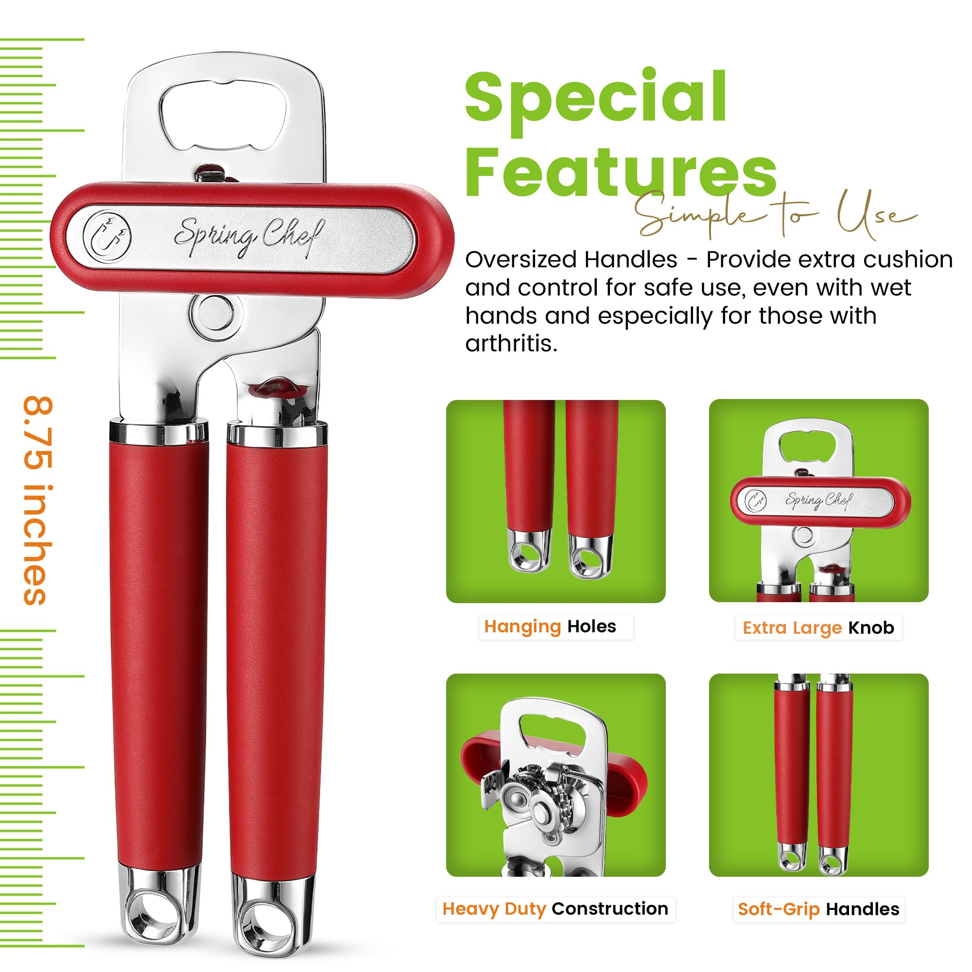 Spring Chef Stainless Steel Can Opener - Manual with Soft Grip Handles, Easy Turn, Heavy Duty Hand Can Openers for Seniors with Smooth Edge - Magnetic Lid Remover - Black