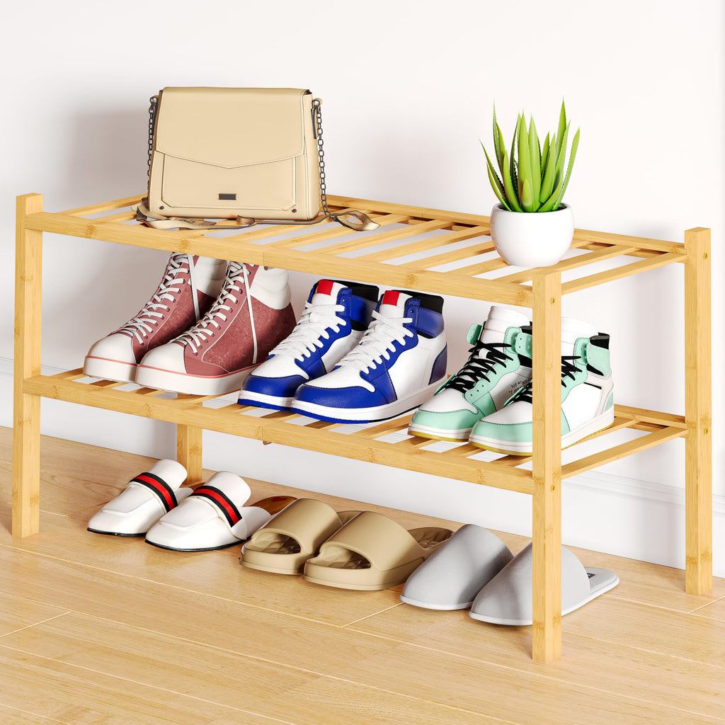 Smiry Shoe Rack, 3 Tier Bamboo Shoe Organizer, Stackable Free Standing Wooden Shoe Storage Shelf for Closet, Entryway, Front Door Entrance, Natural