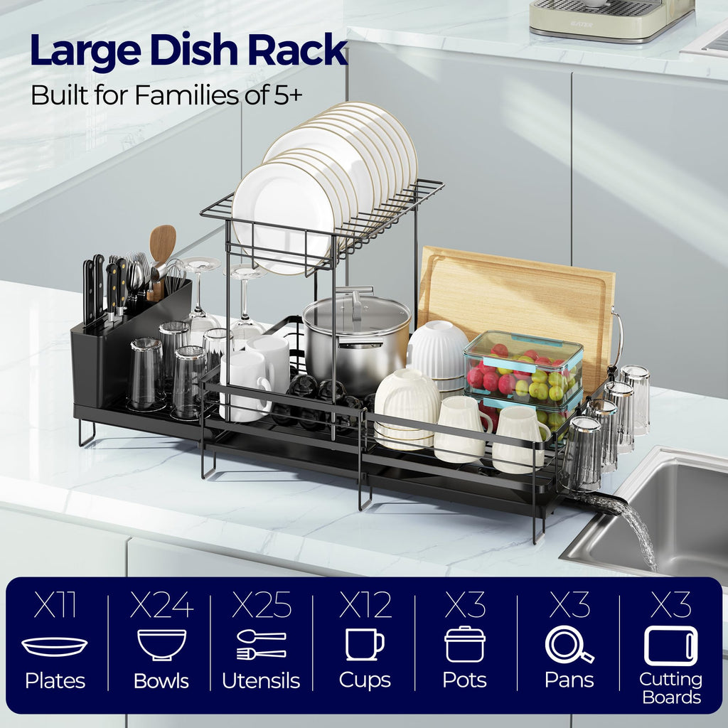 Large Dish Drying Rack, Expandable Dish Rack for Kitchen Counter, Upgraded Dish Drainer with Drainboard Set, Multifunctional Dishrack with Utensil Holder & Cup Holder, 13.4"-28.7" L x 11.8" W