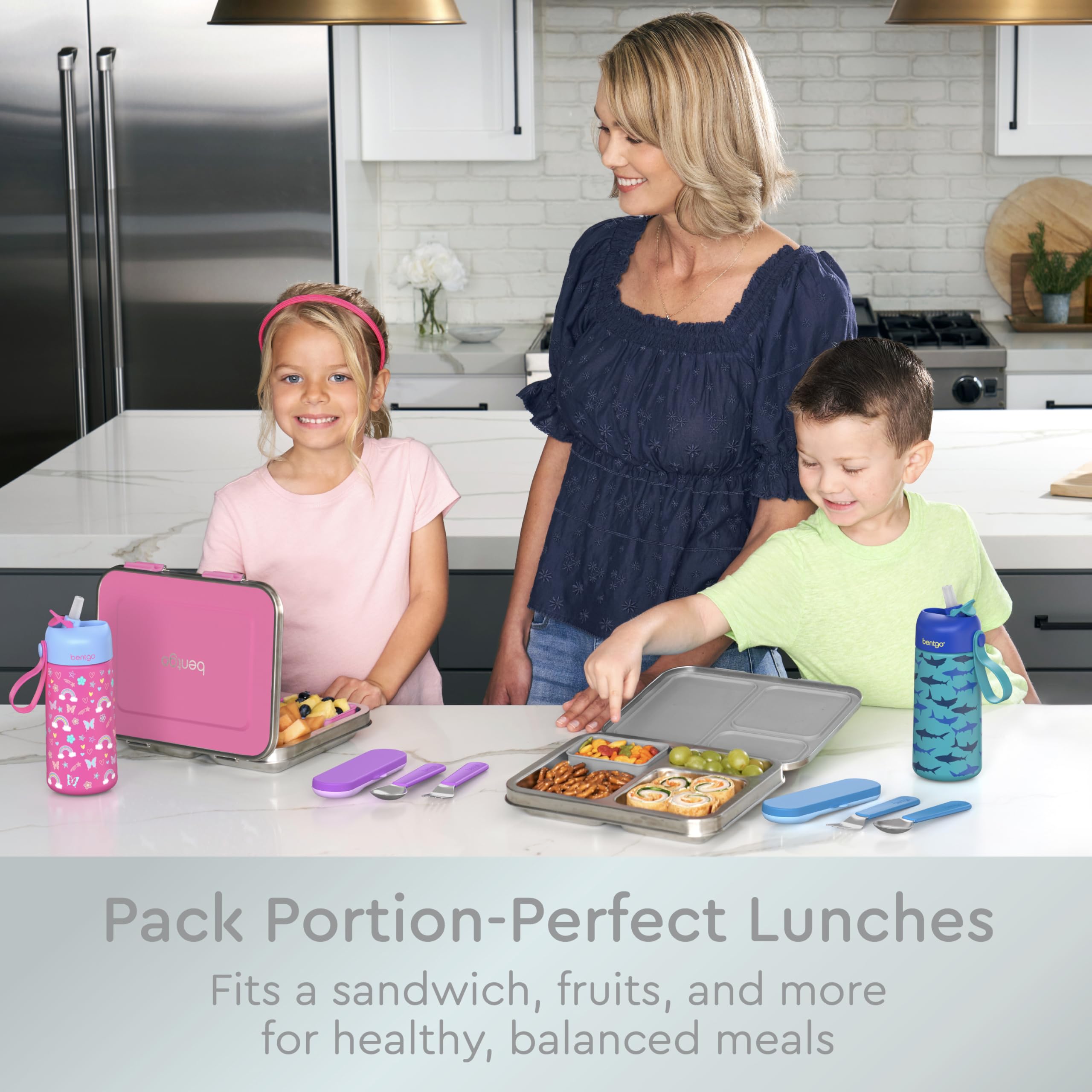 Bentgo Kids Stainless Steel Leak-Resistant Lunch Box - 3-Compartments with Bonus Silicone Container, Durable, Eco-Friendly, Dishwasher Safe, BPA-Free, Ideal for School, Ages 3+ (Blue)