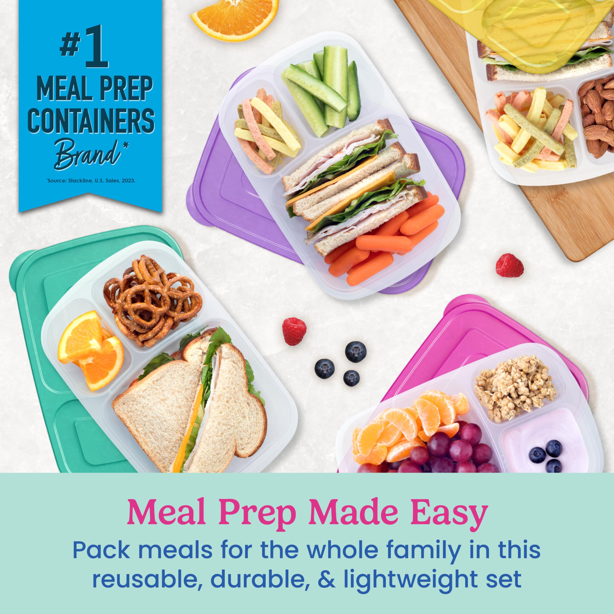 Bentgo Easyboxes - Original Stackable Lunch Boxes - Reusable 3-Compartment Food Containers for Kids and Adults - Bento Lunch Box for Meal Prep, School, & Work - BPA Free, Set of 4 (Classic)