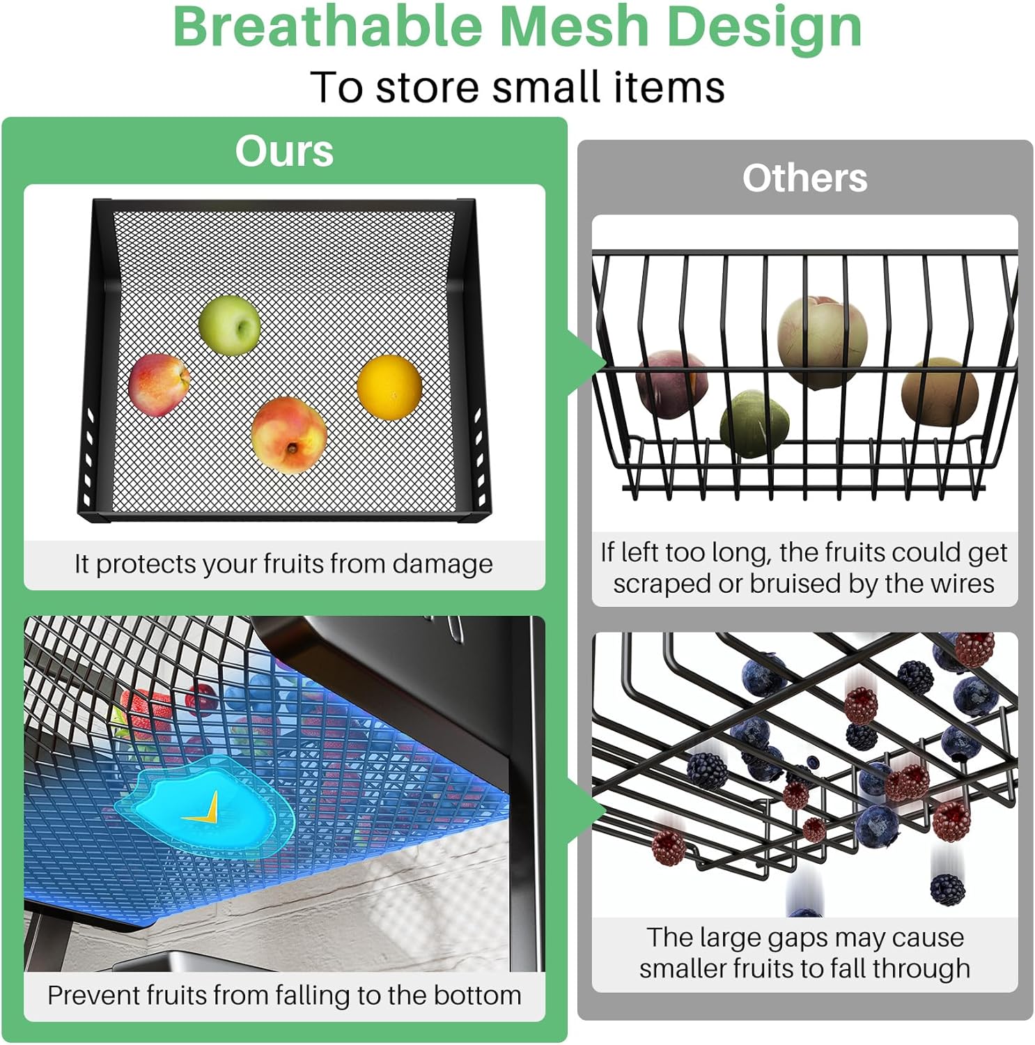 SAYZH Fruit Basket Bowls For Kitchen Counter with Banana Hangers - Detachable Metal Mesh Basket Fruit Stand with Handle - Kitchen Vegetables Bread Snacks Storage Organization, 2 Tier Black