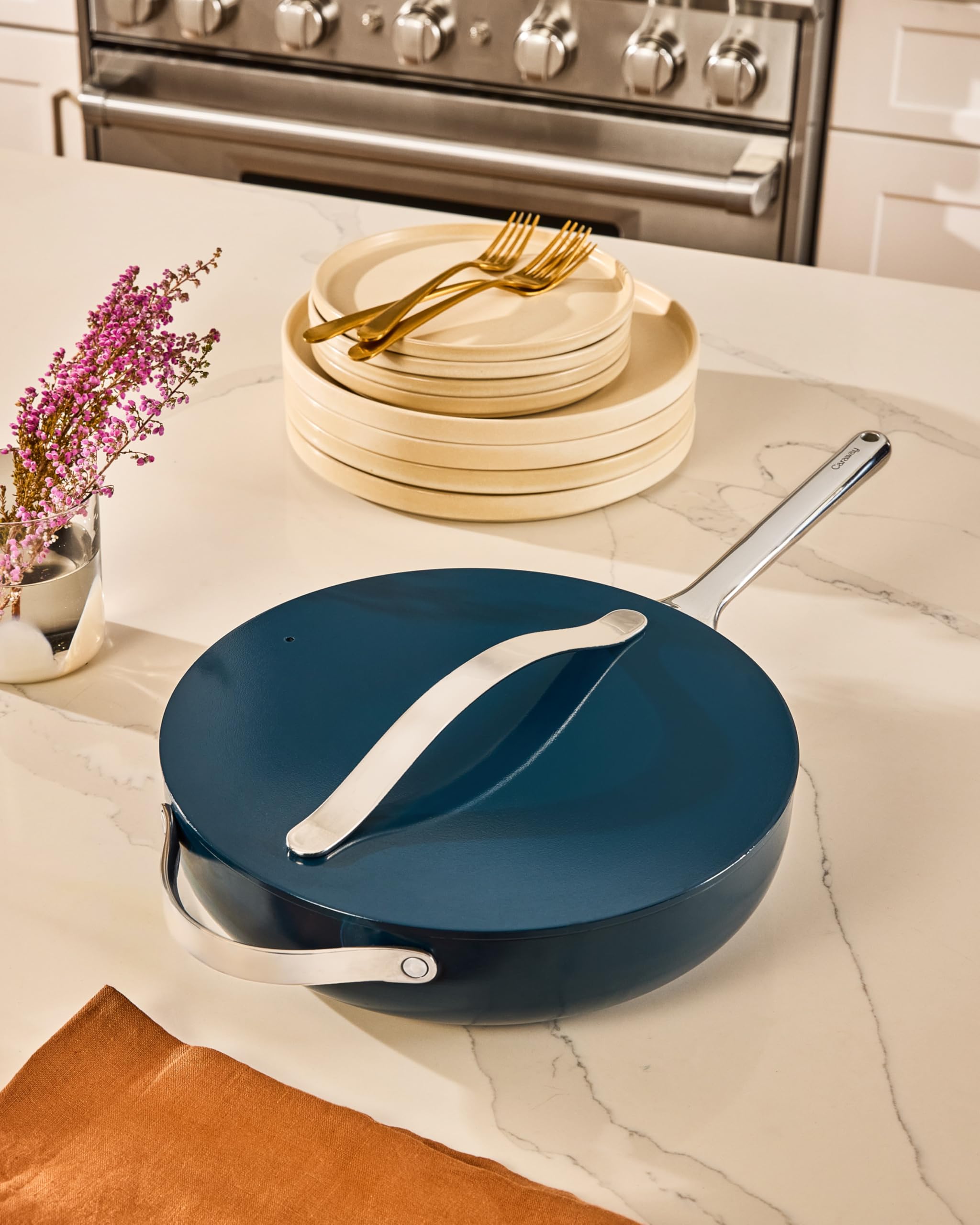 Caraway Nonstick Ceramic Sauté Pan with Lid (4.5 qt, 11.8") - Non Toxic, PTFE & PFOA Free - Oven Safe & Compatible with All Stovetops (Gas, Electric & Induction) - Cream