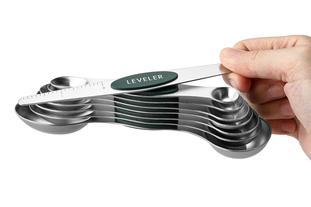 Spring Chef Stainless Steel Magnetic Measuring Spoons Set with Strong N45 Magnets, Heavy Duty Metal Kitchen Gadgets for Baking & Cooking, Fits in Most Kitchen Spice Jars, Set of 8 with Leveler, Black