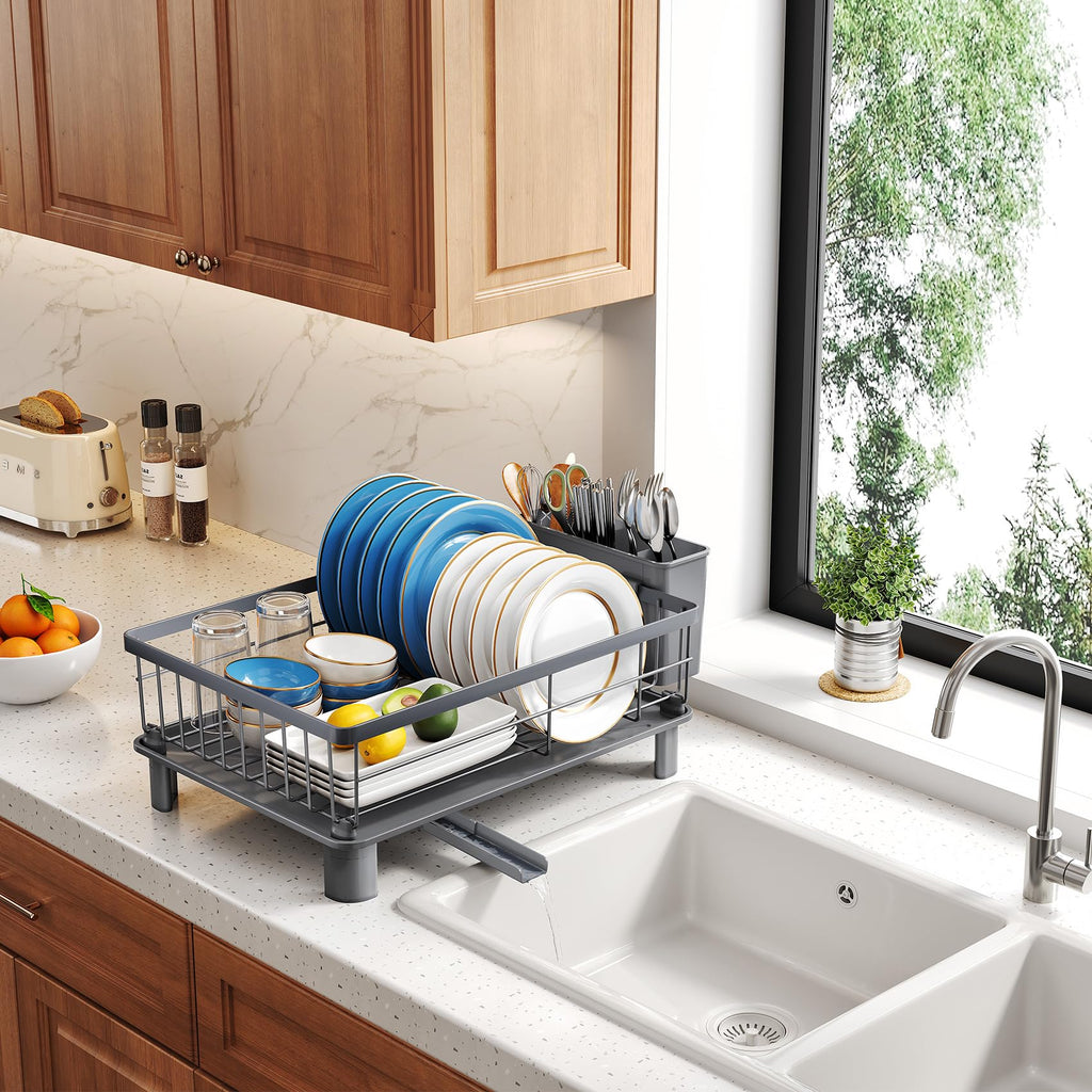 SNTD Dish Drying Rack - Small Dish Rack for Kitchen Counter, Stainless Steel Dish Drainer with Utensil Holder and Drainboard, 11" W x 15" L (Black)