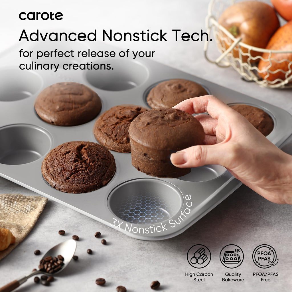 CAROTE 7-Piece Nonstick Stackable Baking Pans Set - Bakeware Sets Including Cookie Sheets for Baking, Muffin Pan, Bread Pan, Cake pan, Loaf Pan, Roasting Pan, Gray & Khaki