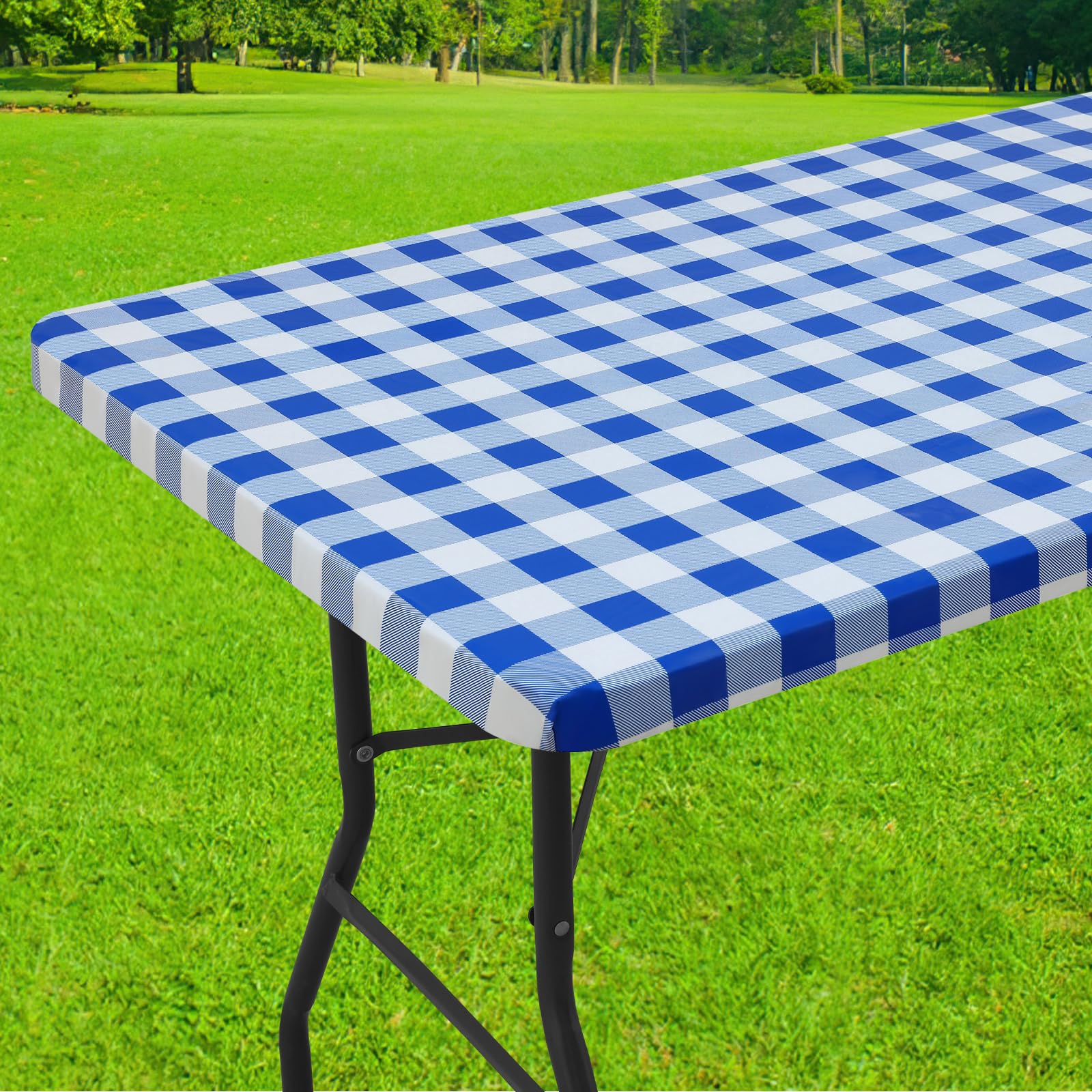 Smiry Rectangle Picnic Table Cloth, Elastic Waterproof Fitted Vinyl Tablecloths, Flannel Backed Buffalo Plaid Table Covers for Dining, Camping, Outdoor (Black and White, 30" x 72")
