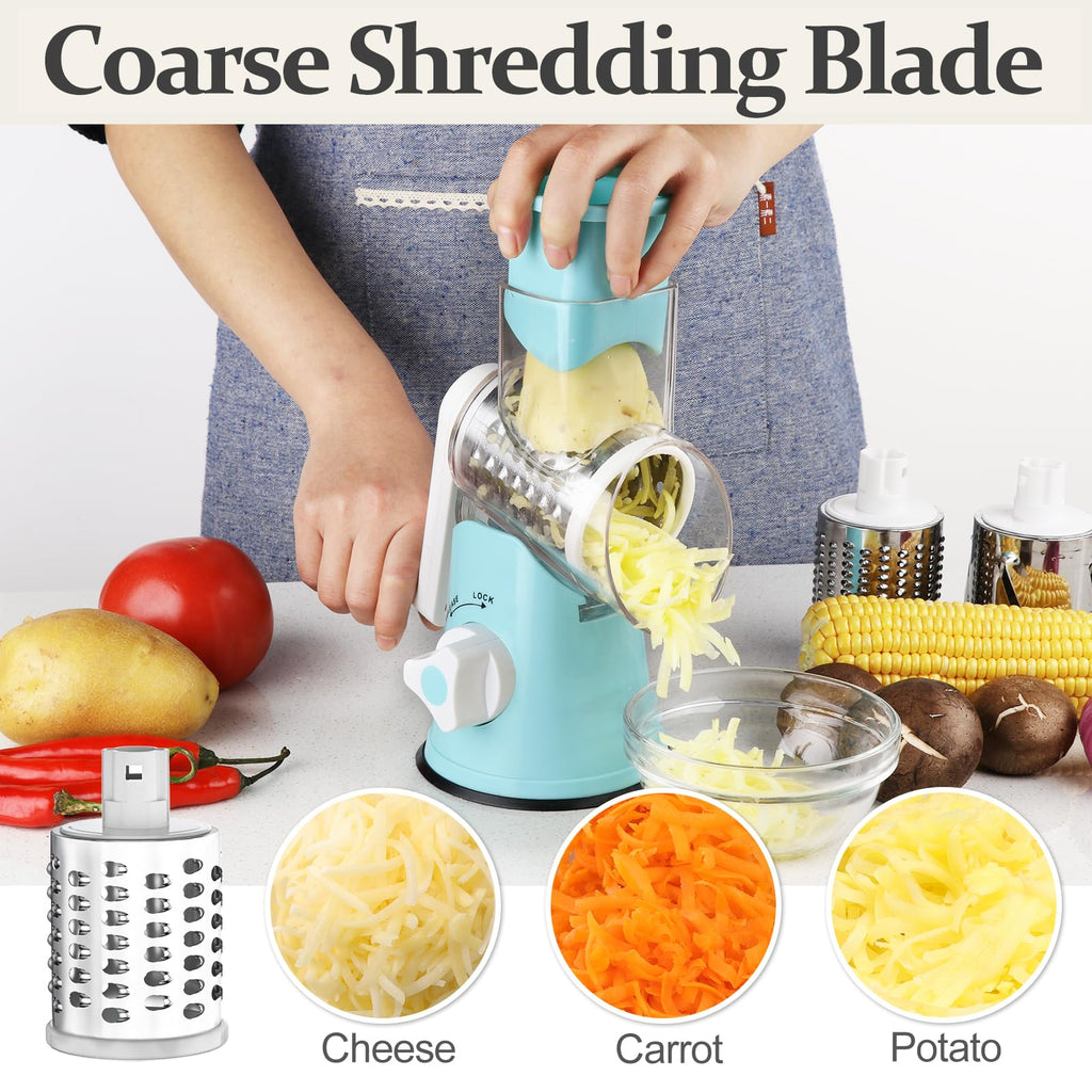 Cambom 5 in 1 Rotary Cheese Grater Hand Crank Cheese Shredder for Fresh Cheese, Vegetable, Nuts,Non-slip Suction Base, Black