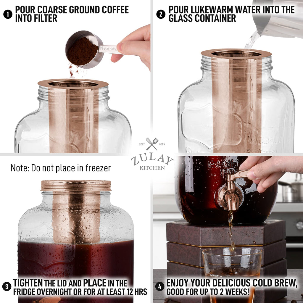 Zulay 1 Gallon/128oz Cold Brew Coffee Maker – Thick Glass Pitcher with Stainless Steel Filter, Lid & Spout – Large Mason Jar Container Dispenser - Iced Coffee & Sun Tea Brewer for Fridge – Silver