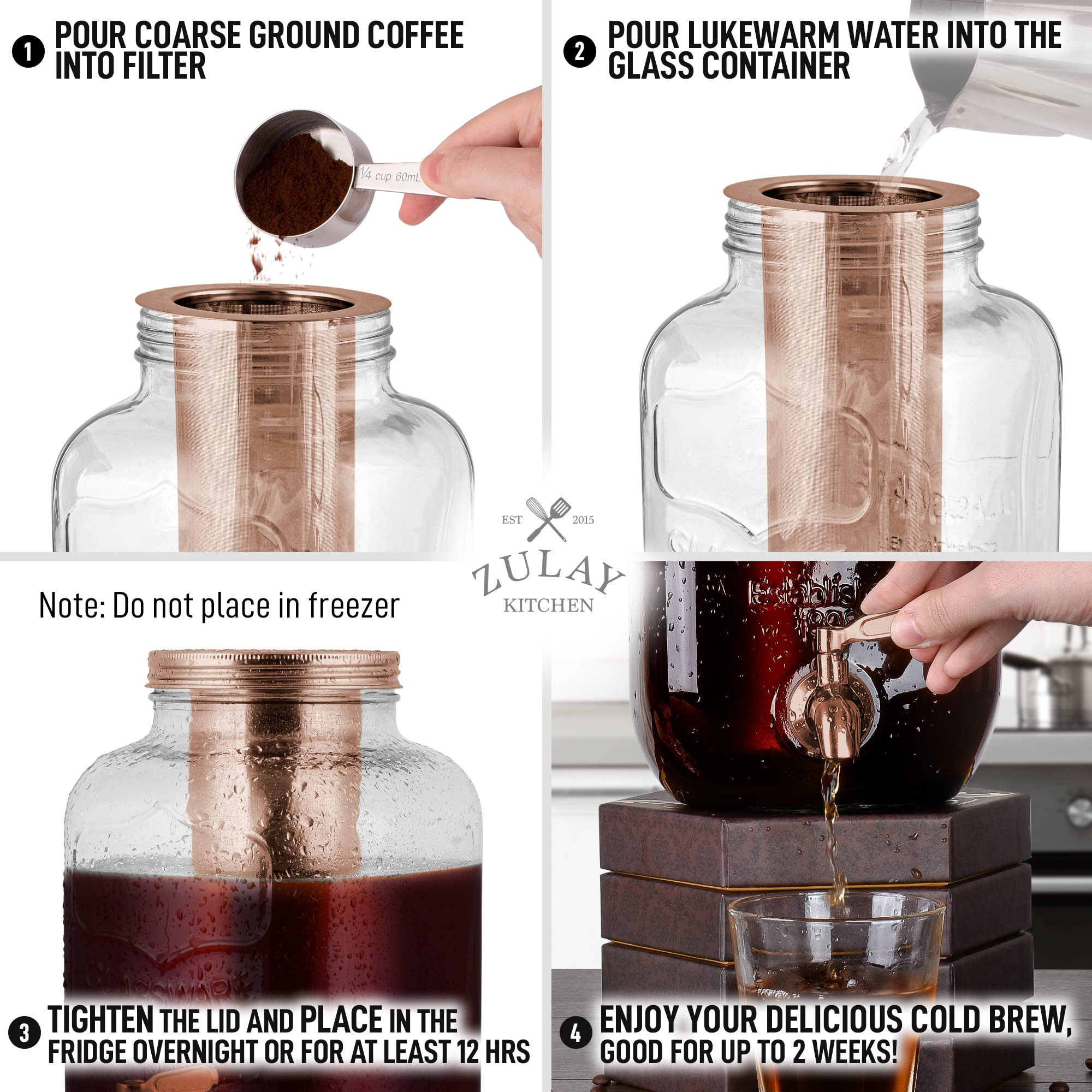 Zulay 1 Gallon/128oz Cold Brew Coffee Maker – Thick Glass Pitcher with Stainless Steel Filter, Lid & Spout – Large Mason Jar Container Dispenser - Iced Coffee & Sun Tea Brewer for Fridge – Silver