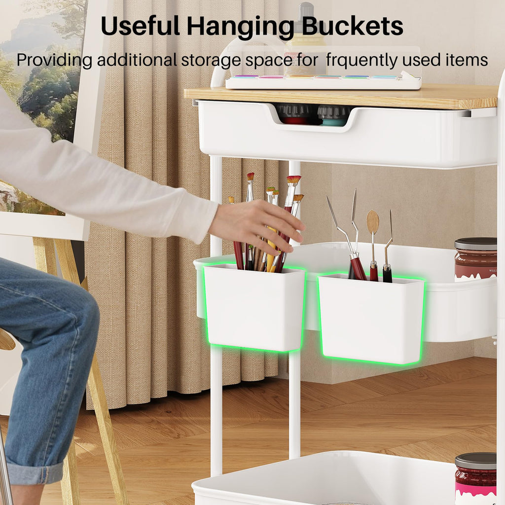 SNTD 3 Tier Utility Rolling Cart with Wheels - Smooth Sliding Drawers, Wooden Tabletop, Hanging Buckets for Kitchen, Art Room, Office, Bathroom (White)