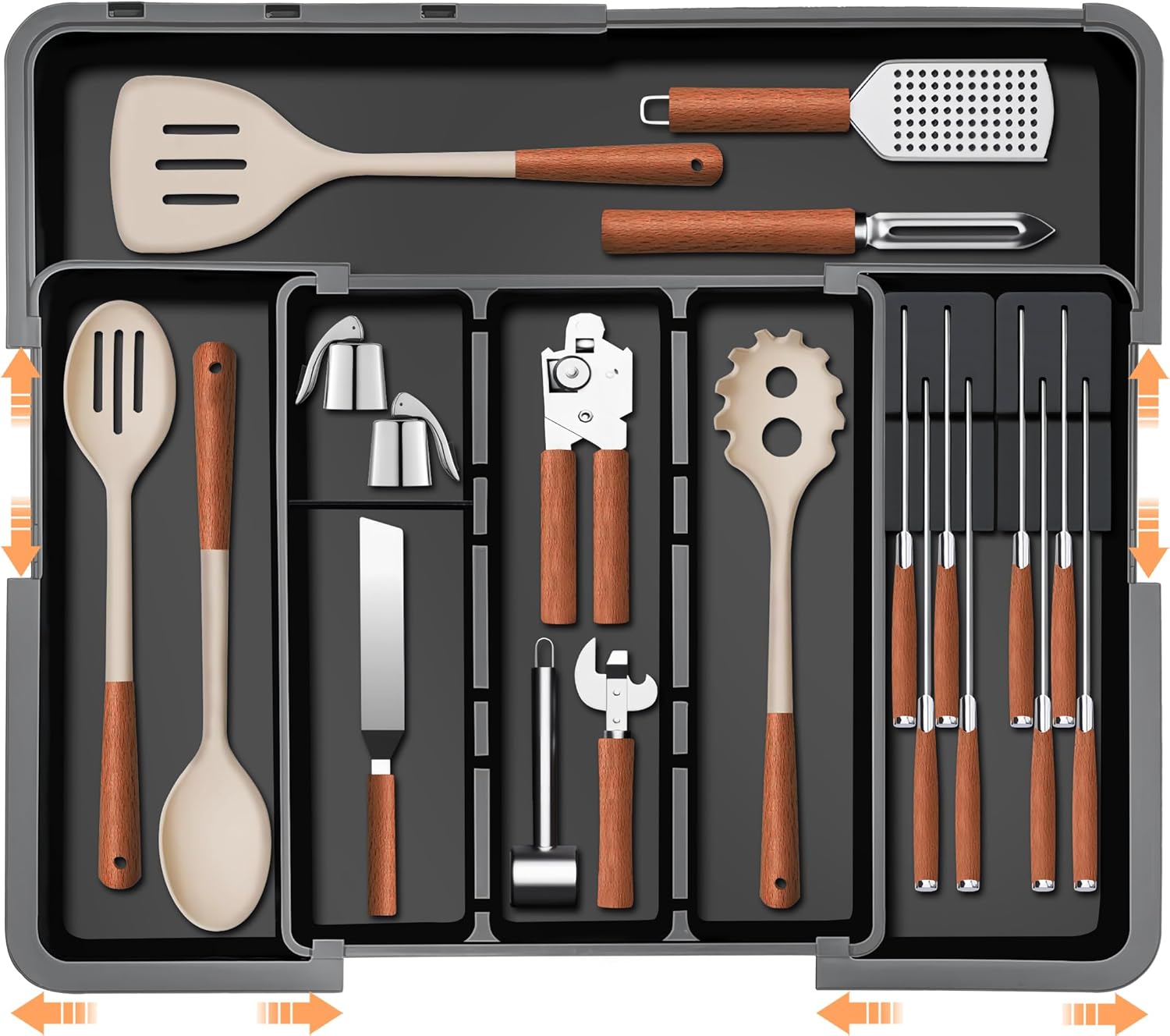 Homecor Silverware Organizer - Expandable Large Kitchen Drawer Organizer Utensil Organizer with 2 Removable Knife Blocks & 2 PACK Acrylic Straw Holder for Cabinet Door