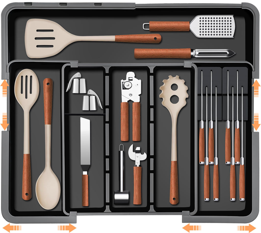Large Utensil Drawer Organizer for Kitchen, Expandable Silverware Organizer Utensil Holder, Cutlery and Flatware Cooking Tray, Kitchen Drawer Organizers and Storage with Removable Knife Block, Black