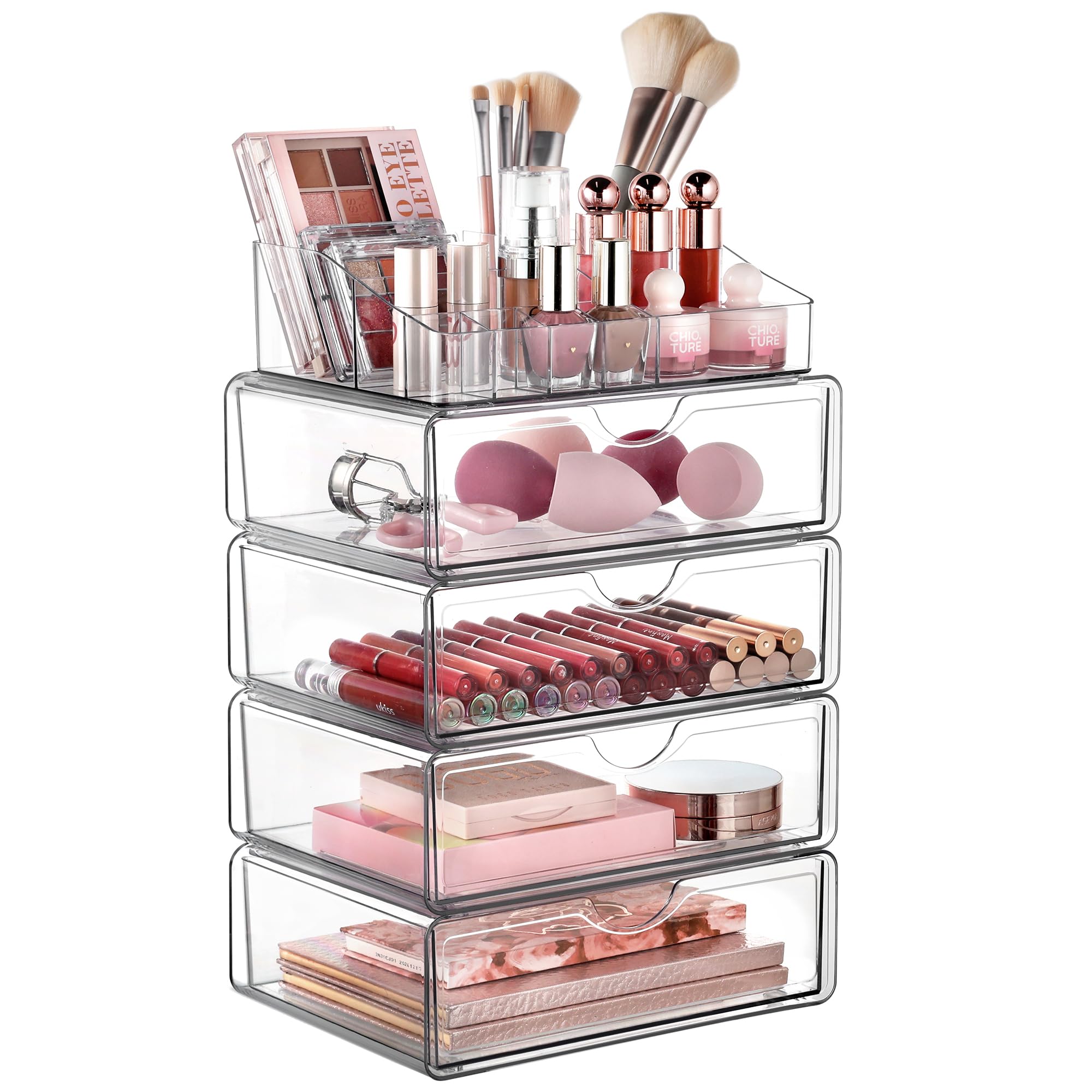Vtopmart 3 Tier Clear Makeup Organizer with Drawer, Cosmetic Storage for Dresser Countertop and Bathroom Vanity, Beauty Holder for Lipstick Brush Skincare