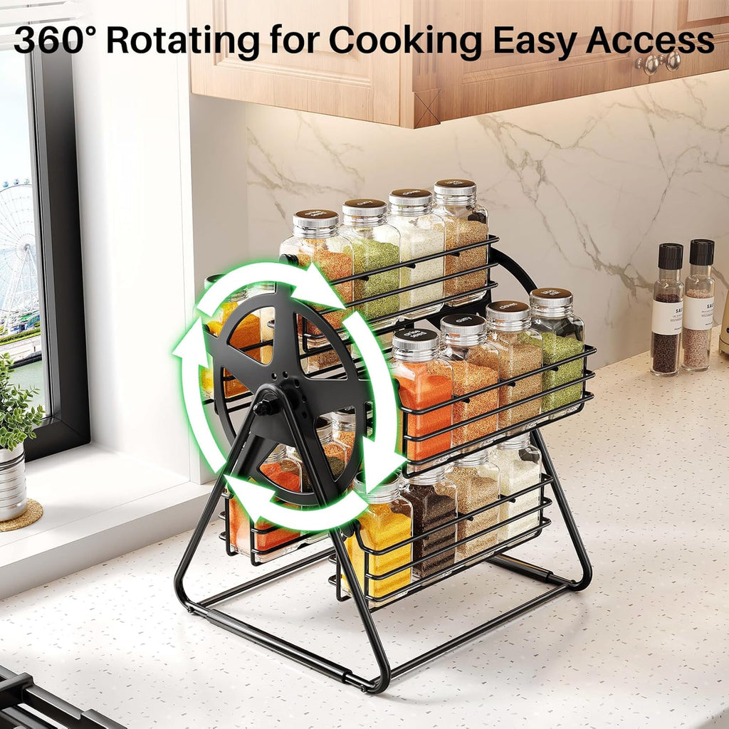 Rotating Spice Rack Organizer for Large Cabinets Kitchen Countertop with Thicken Spice Jars and Labels, Spinning Like Ferris-Wheel, Metal (M)