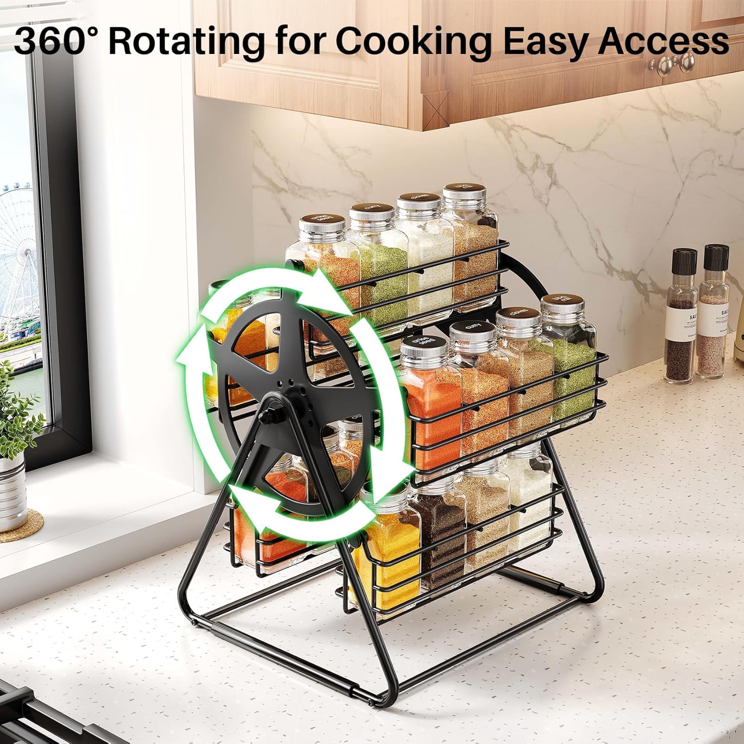 Rotating Spice Rack Organizer for Large Cabinets Kitchen Countertop with Thicken Spice Jars and Labels, Spinning Like Ferris-Wheel, Metal (M)