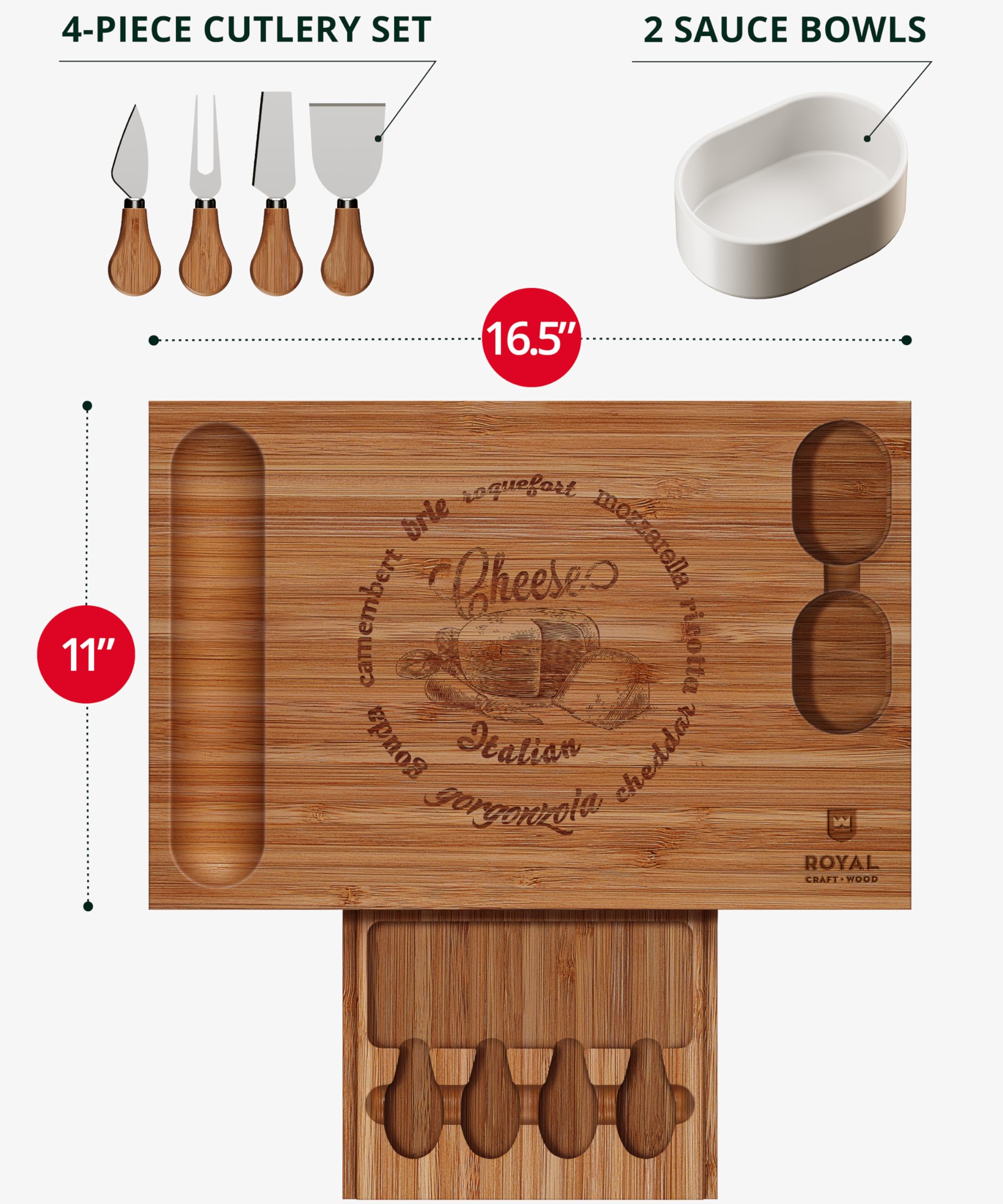 ROYAL CRAFT WOOD Premium Bamboo Charcuterie Board Set - Cheese Platter & Serving Tray & Serving Utensils - Perfect Housewarming Gift, Wedding, Bridal Shower Gift - Ideal for Entertaining and New Home