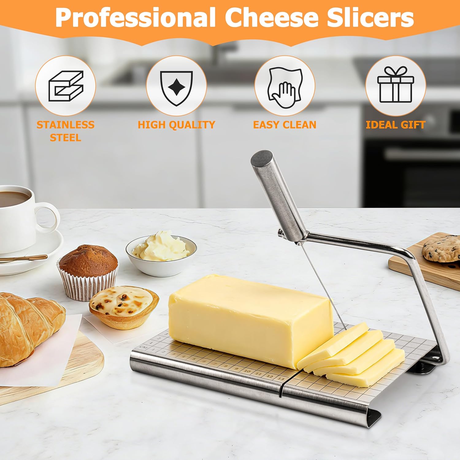 RedCall Cheese Slicer with 4 Piece Cheese Knives Set, Stainless Steel Cheese Cutter with Measuring Grids,Tightness Adjustable Wire Cheese Slicer for Block Cheese, with 5 Extra Wires