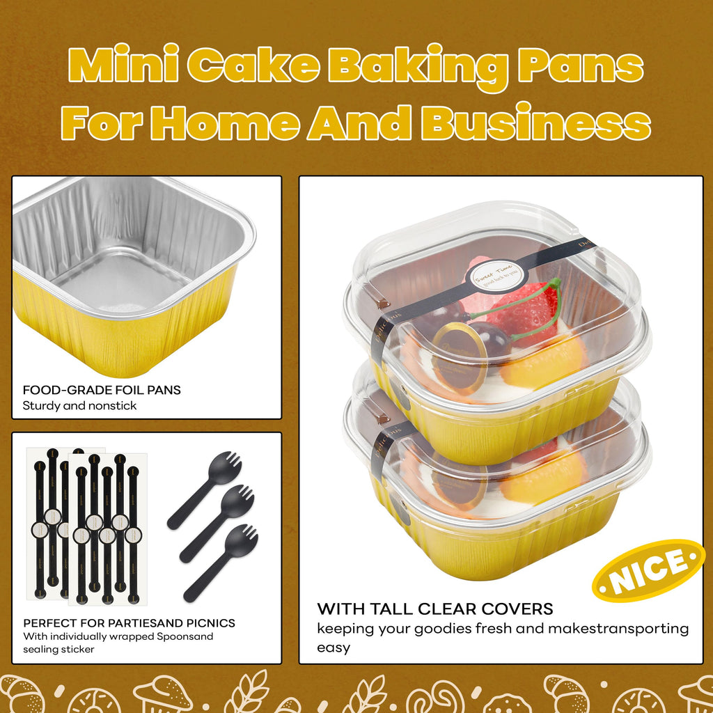 50 Pcs Mini Cake Pans with Lids and Spoons Aluminum Foil Mini Square Baking Cups with Lids Disposable Ramekins Cake Pans Dessert Cups for Wedding Birthday Party(Pink,5oz)