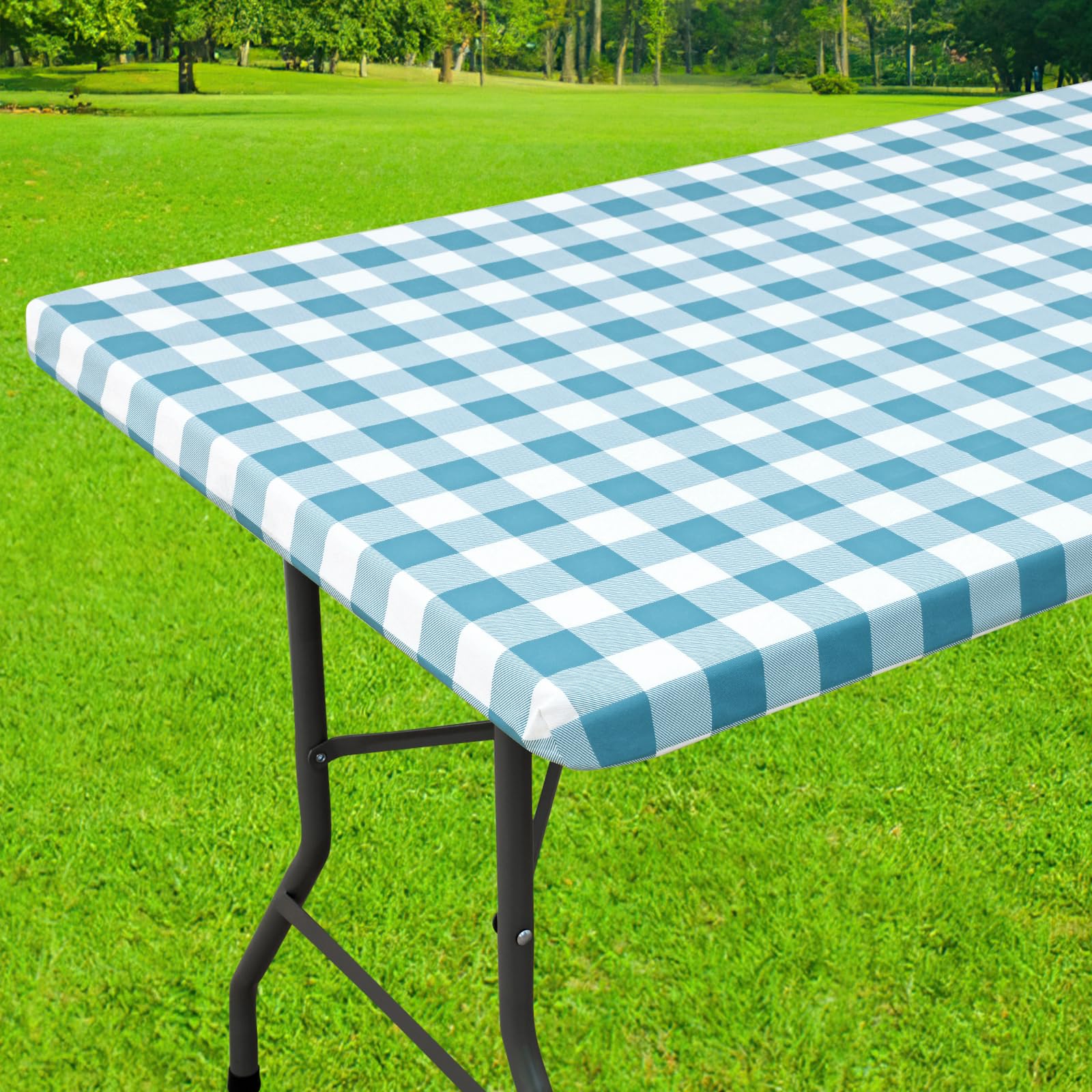 Smiry Rectangle Picnic Table Cloth, Elastic Waterproof Fitted Vinyl Tablecloths, Flannel Backed Buffalo Plaid Table Covers for Dining, Camping, Outdoor (Black and White, 30" x 72")