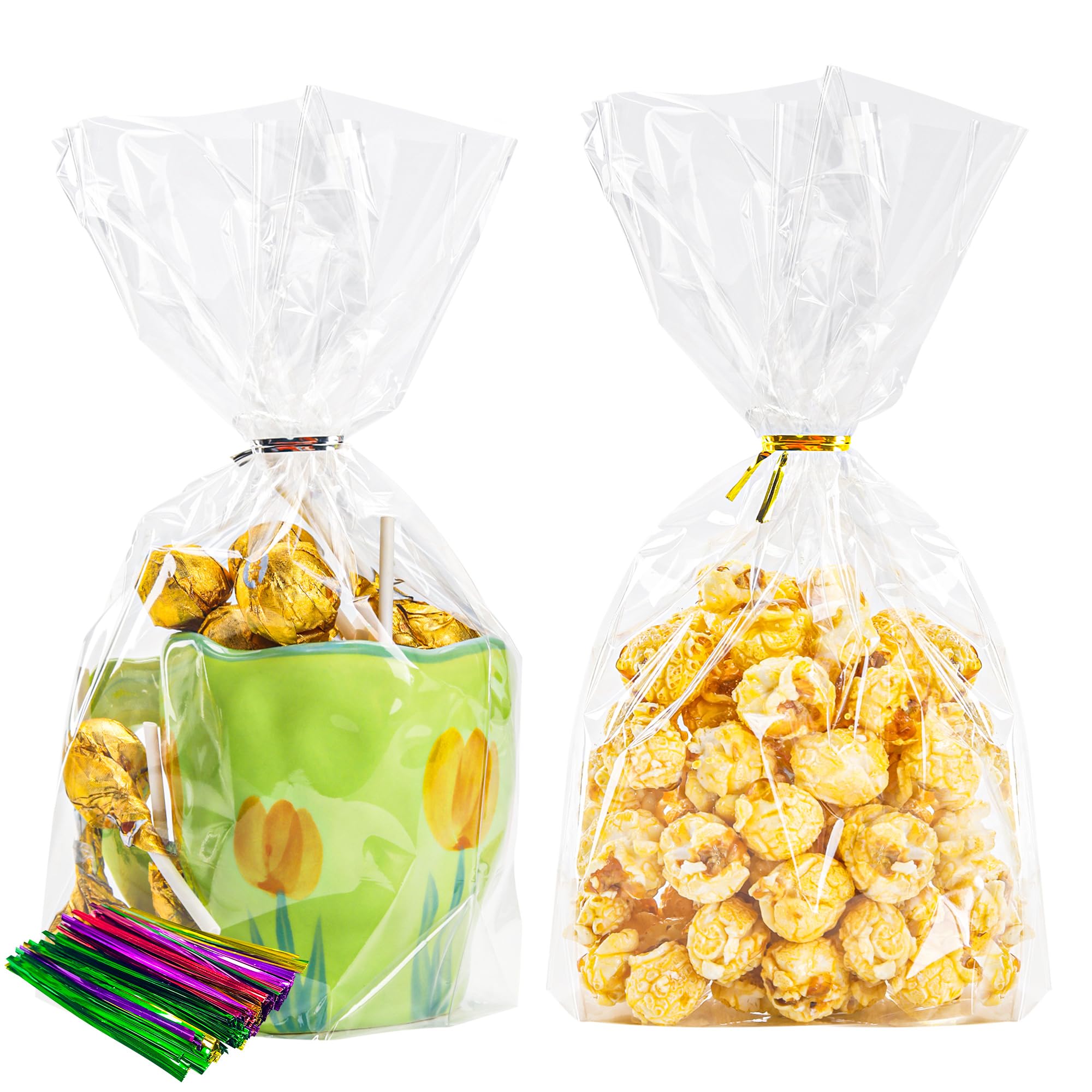 NPLUX 100 Pack Cellophane Bags Clear Flat Bottom Cellophane Treat Bags Gusseted with 100 Pack Twist Ties for Candy Popcorn Cookie Small Gift Wrapping(6×9×2.4 Inches)