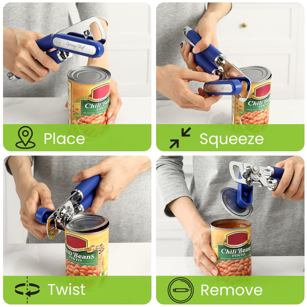 Spring Chef Stainless Steel Can Opener - Manual with Soft Grip Handles, Easy Turn, Heavy Duty Hand Can Openers for Seniors with Smooth Edge - Magnetic Lid Remover - Black