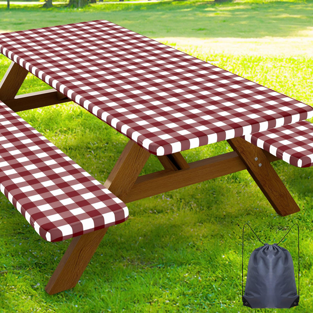 Smiry Picnic Table Cover with Bench Covers, Waterproof Elastic Fitted Tablecloths for 6 Foot Rectangle Tables, Washable Buffalo Plaid Tablecloth for Camping, Outdoor (Black & White, 30"x72")