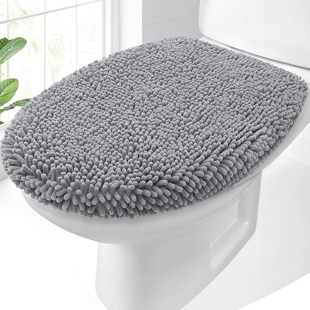 OLANLY Soft Chenille Bathroom Toilet Lid Cover, Machine Washable Seat Covers, 17.5x15, Stays in Place Rubber Backing, Fits Most Round, Elongated and Oblong Lids, Accessories Decor, Gray