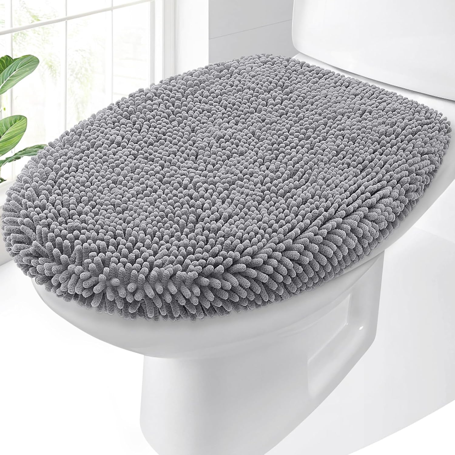 OLANLY Soft Chenille Bathroom Toilet Lid Cover, Machine Washable Seat Covers, 17.5x15, Stays in Place Rubber Backing, Fits Most Round, Elongated and Oblong Lids, Accessories Decor, Gray